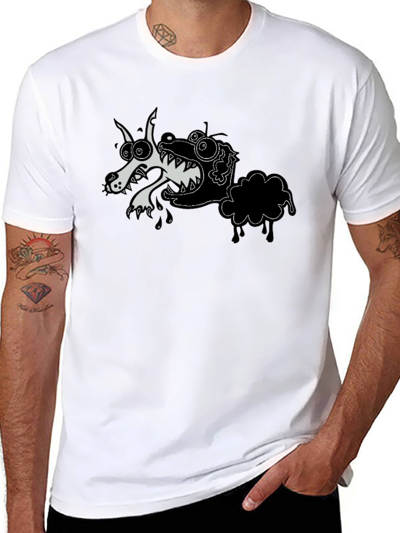 Cartoon Wolf & Sheep Black T-Shirt