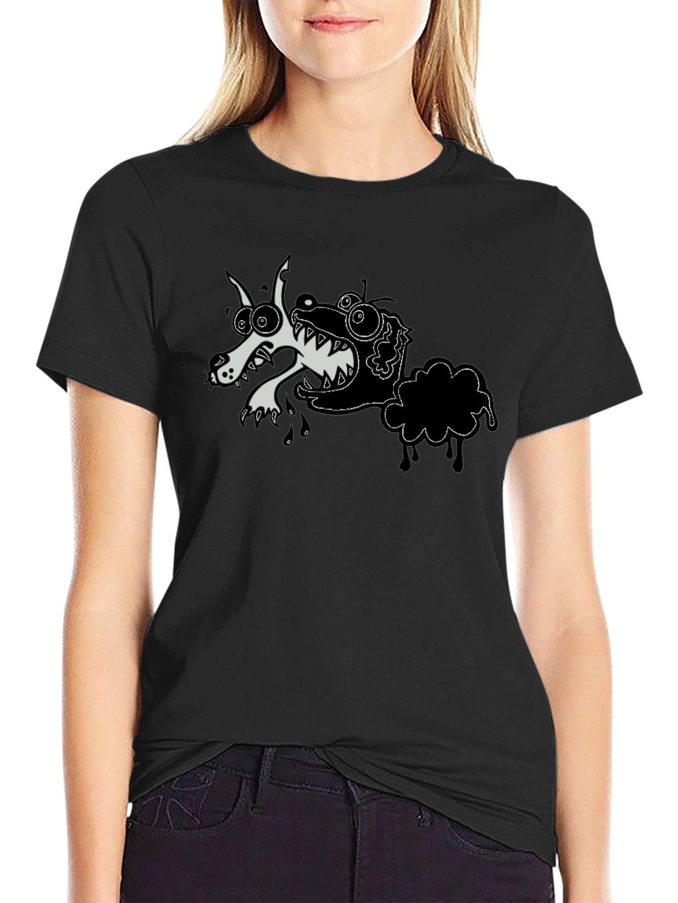 Cartoon Wolf & Sheep Black T-Shirt