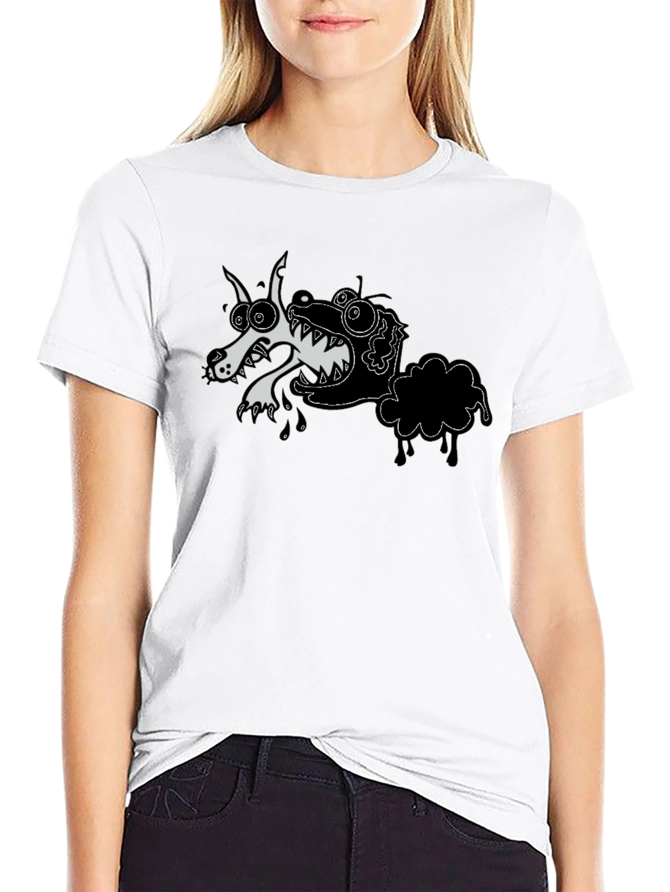 Cartoon Wolf & Sheep Black T-Shirt
