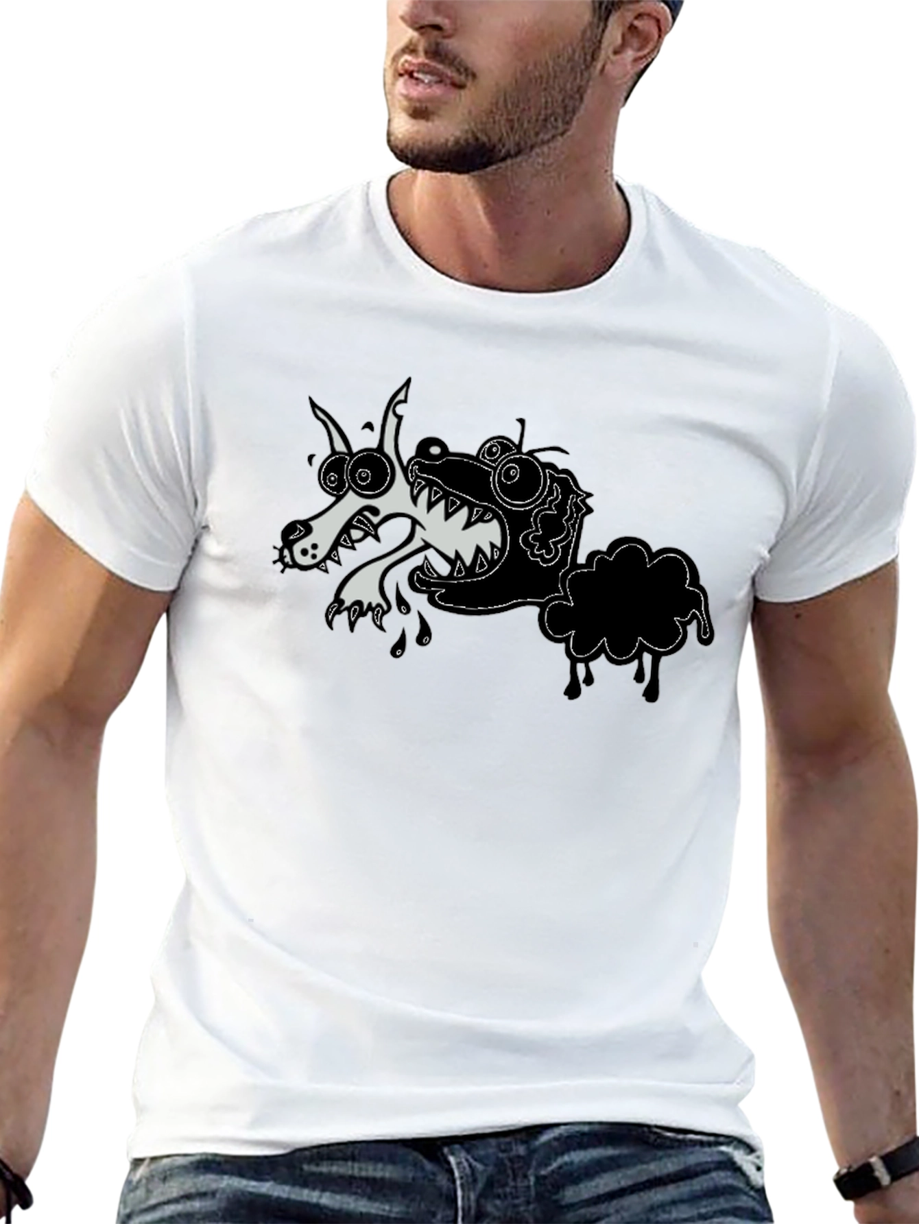 Cartoon Wolf & Sheep Black T-Shirt
