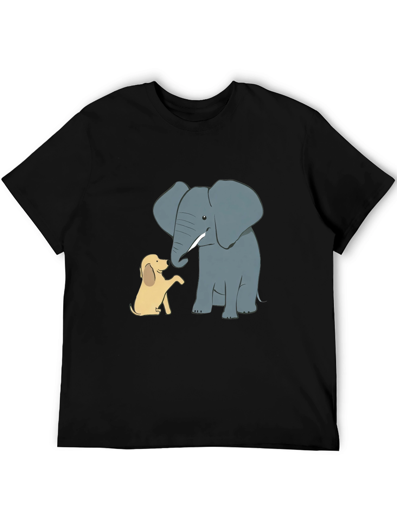 Elephant and Dog Cartoon Print Black T-Shirt