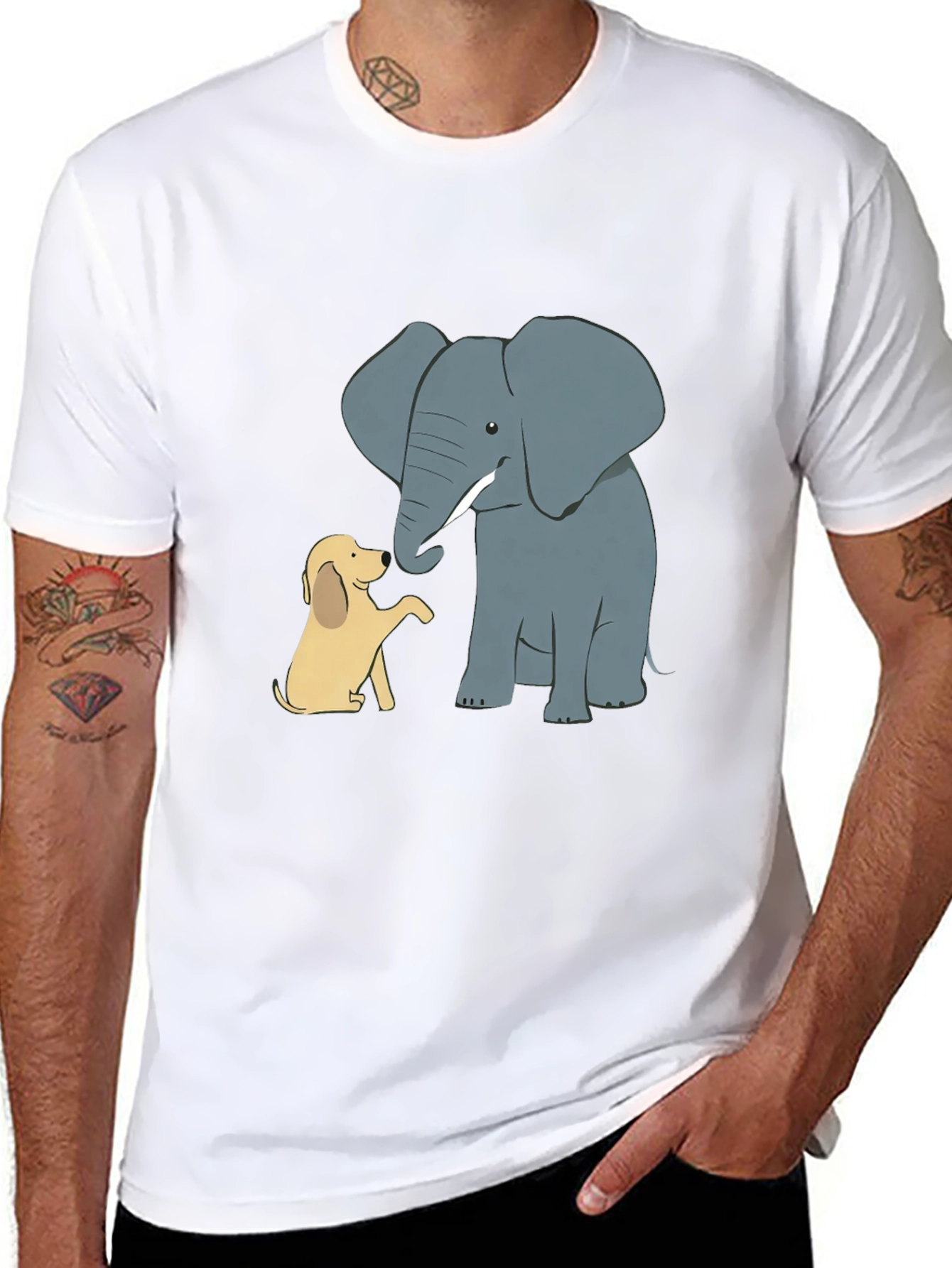 Elephant and Dog Cartoon Print Black T-Shirt