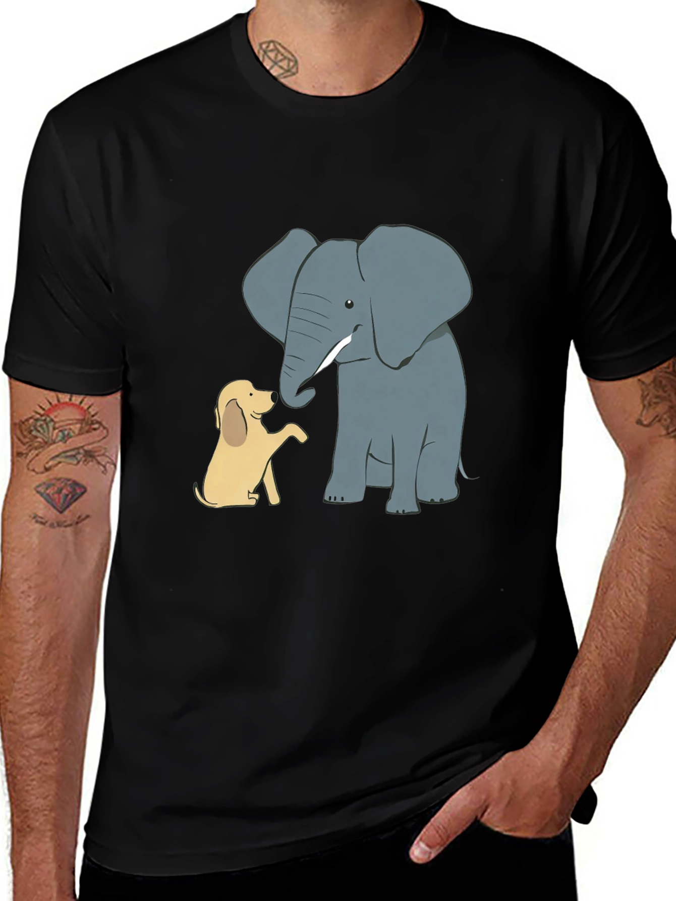 Elephant and Dog Cartoon Print Black T-Shirt