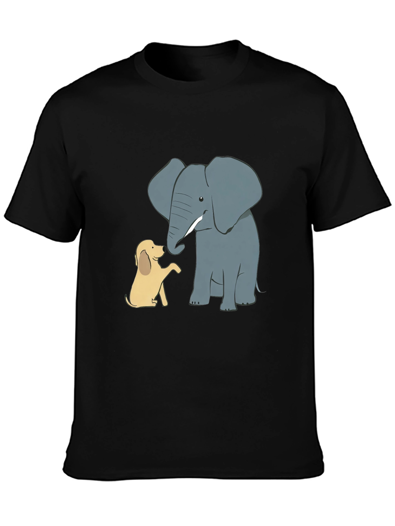 Elephant and Dog Cartoon Print Black T-Shirt