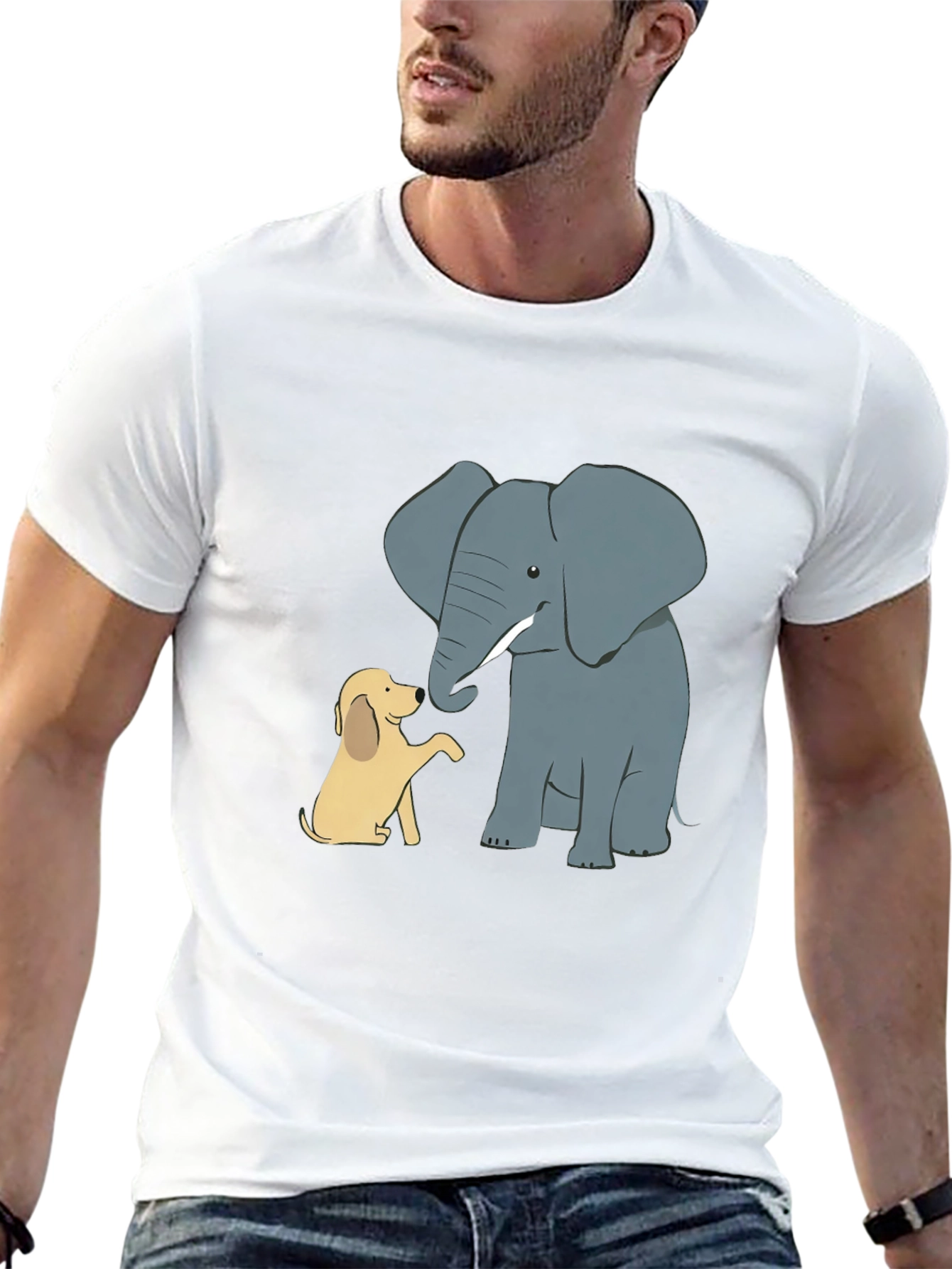 Elephant and Dog Cartoon Print Black T-Shirt