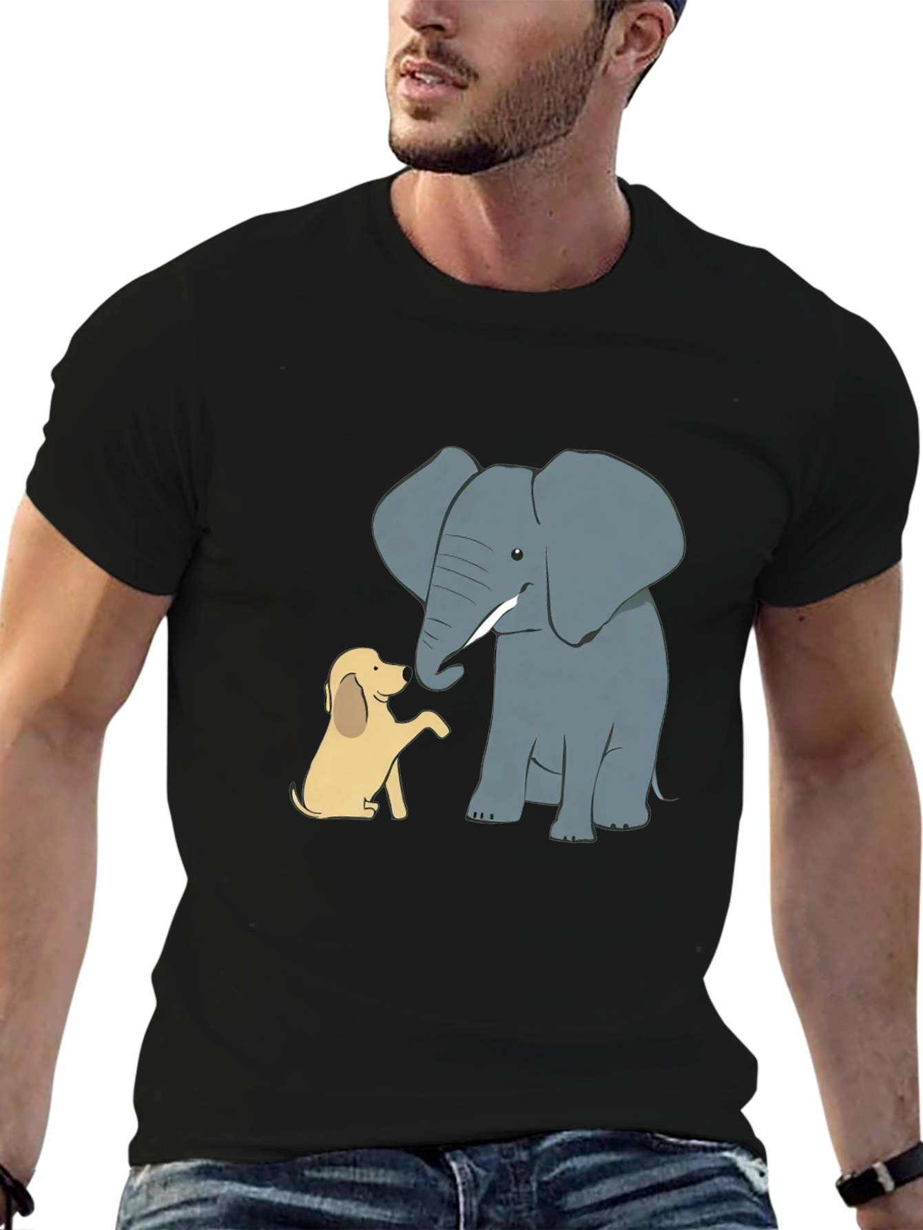 Elephant and Dog Cartoon Print Black T-Shirt