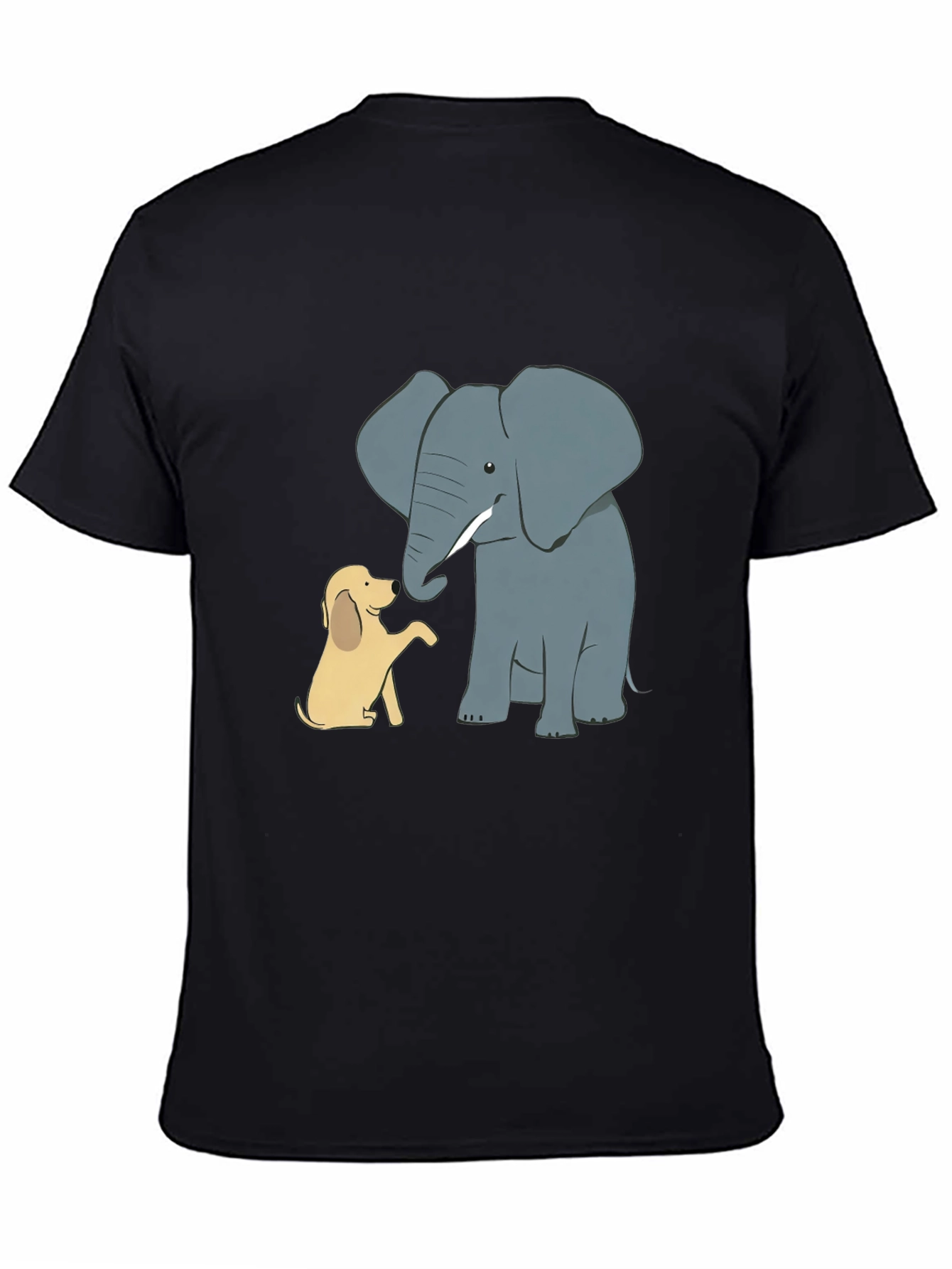 Elephant and Dog Cartoon Print Black T-Shirt