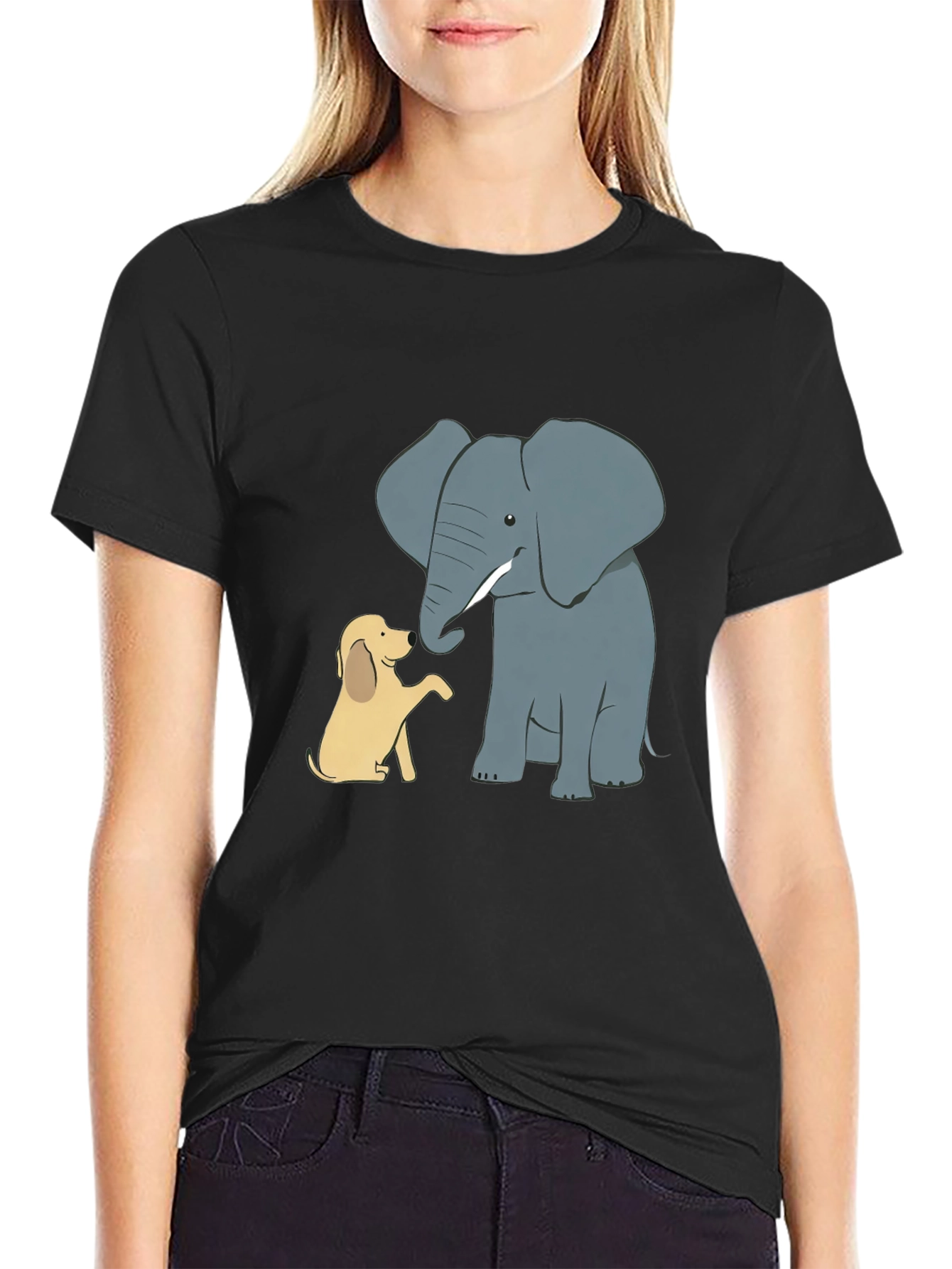 Elephant and Dog Cartoon Print Black T-Shirt