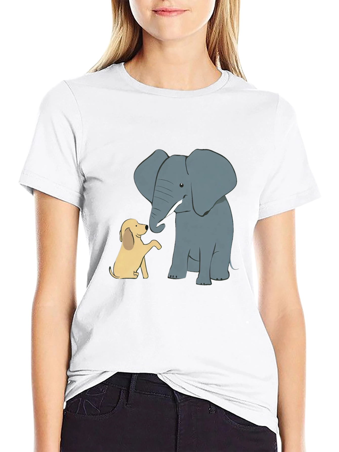 Elephant and Dog Cartoon Print Black T-Shirt
