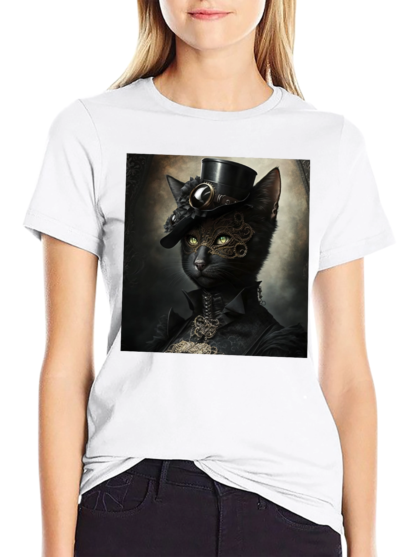 Steampunk Cat Graphic T-Shirt - Victorian Feline Style
