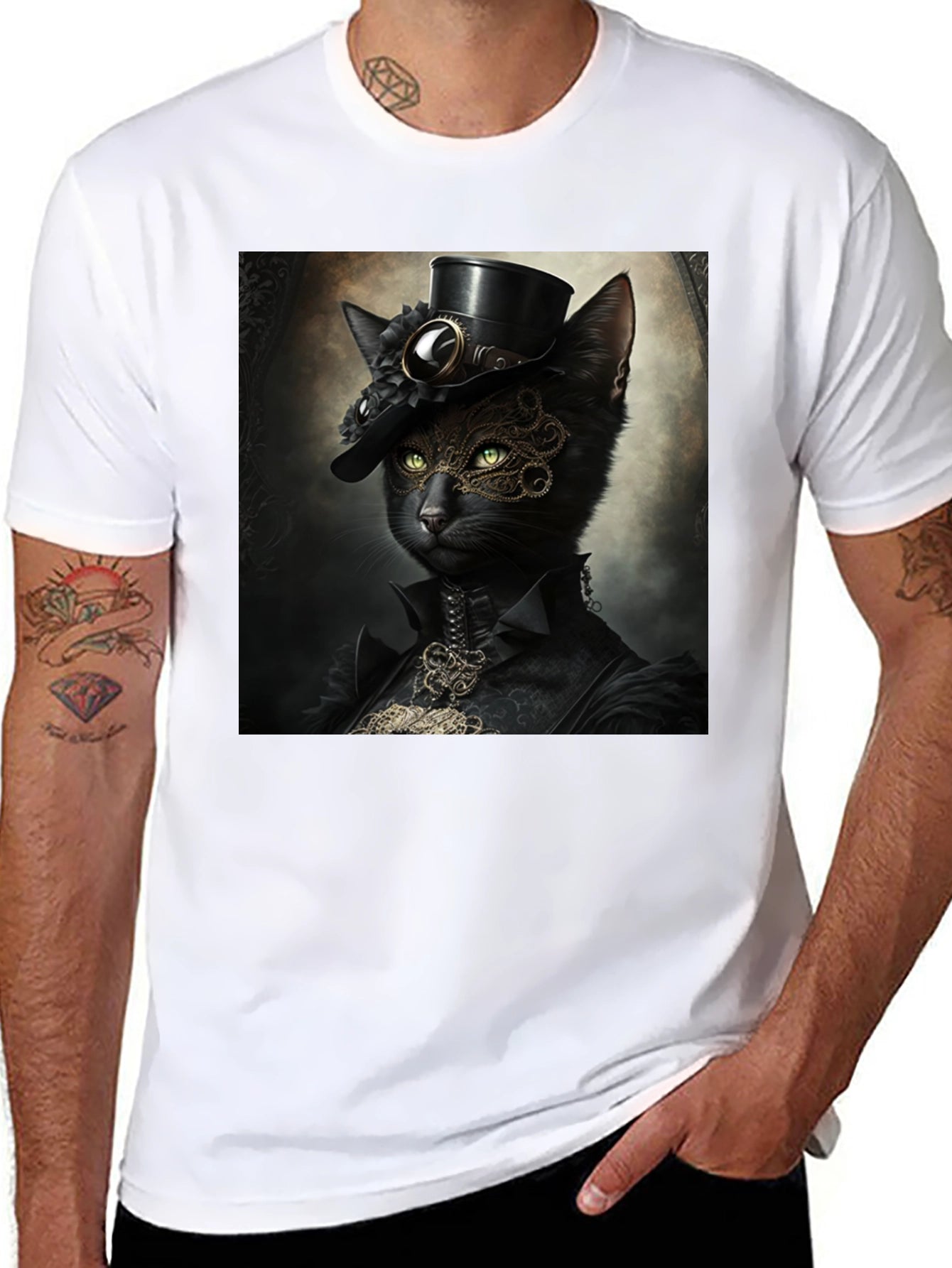 Steampunk Cat Graphic T-Shirt - Victorian Feline Style