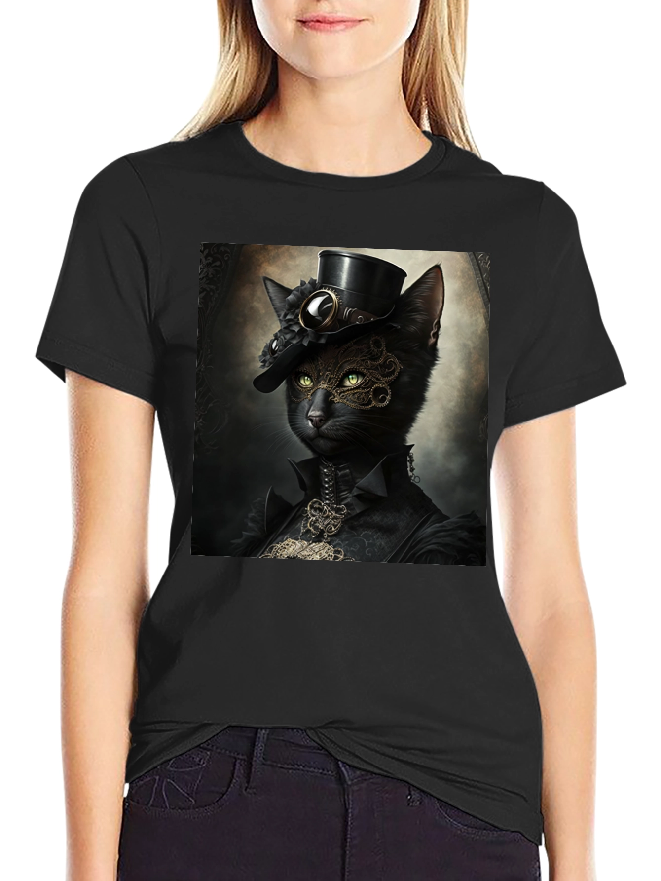 Steampunk Cat Graphic T-Shirt - Victorian Feline Style