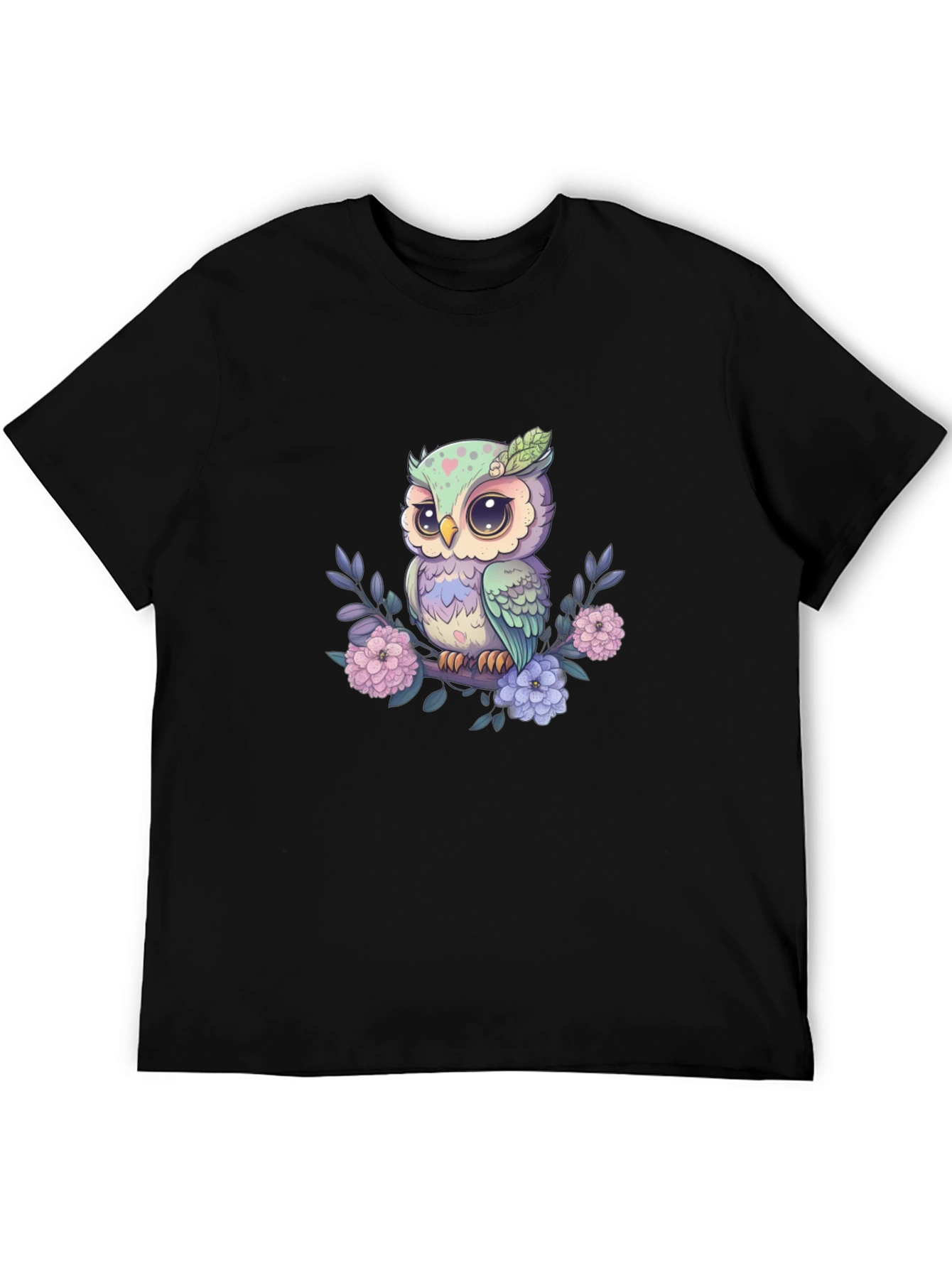 Cute Owl on Branch Graphic Tee - Black