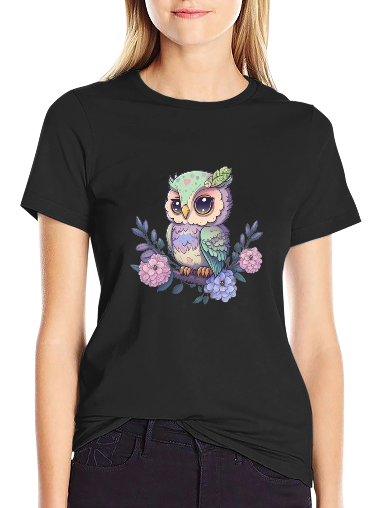 Cute Owl on Branch Graphic Tee - Black