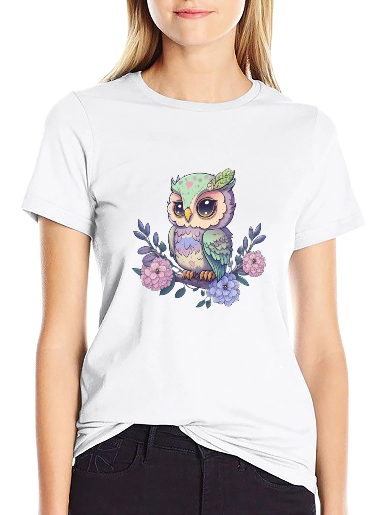 Cute Owl on Branch Graphic Tee - Black