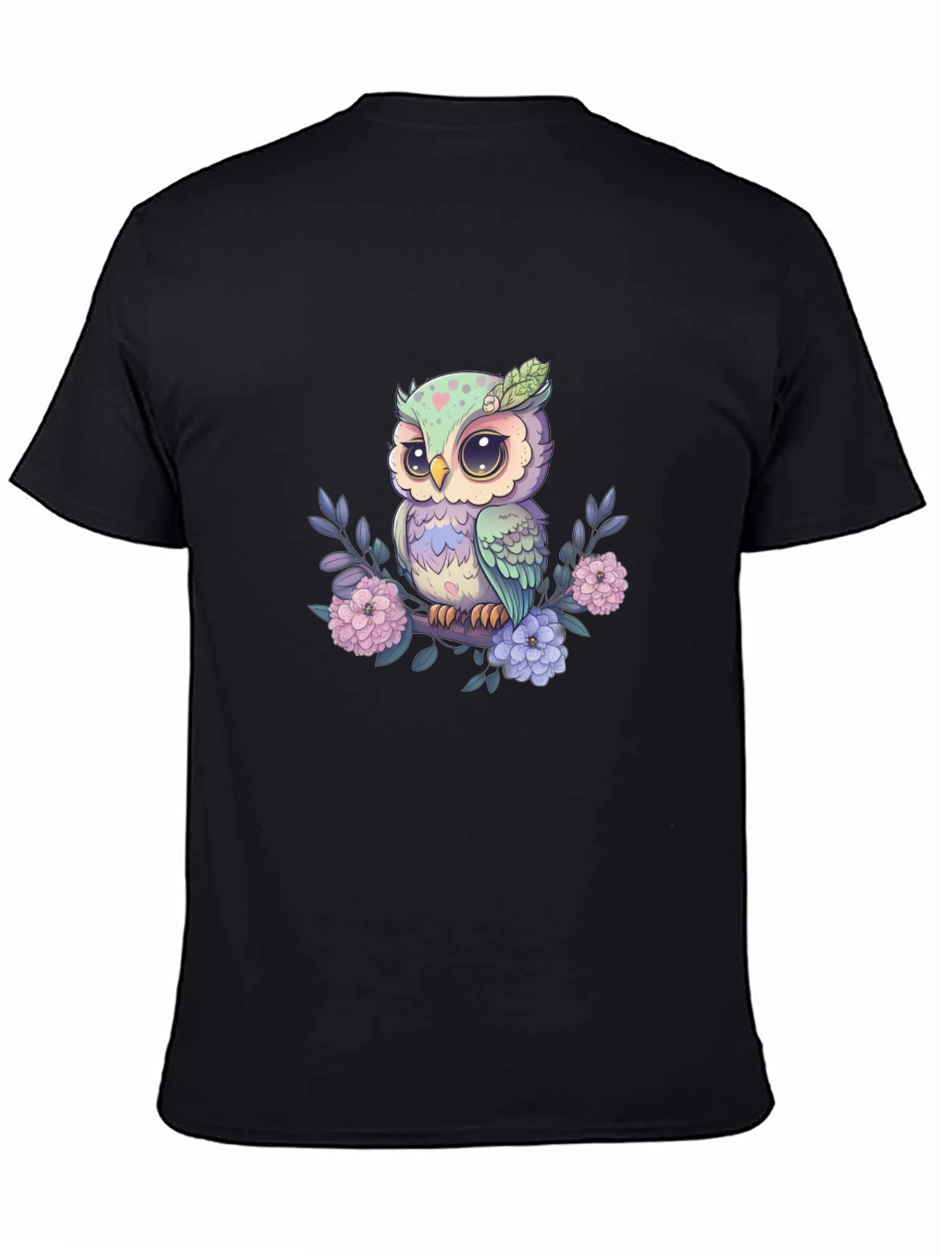 Cute Owl on Branch Graphic Tee - Black