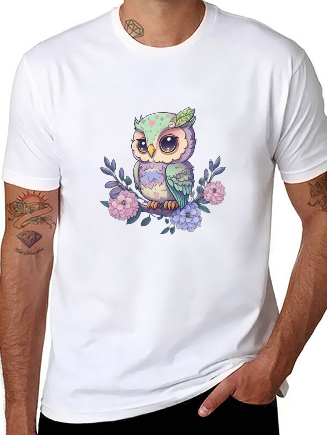 Cute Owl on Branch Graphic Tee - Black