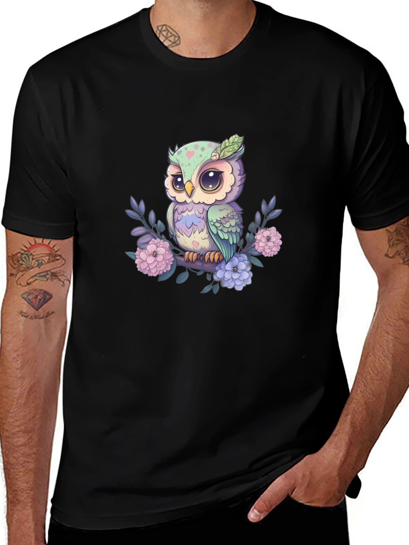 Cute Owl on Branch Graphic Tee - Black