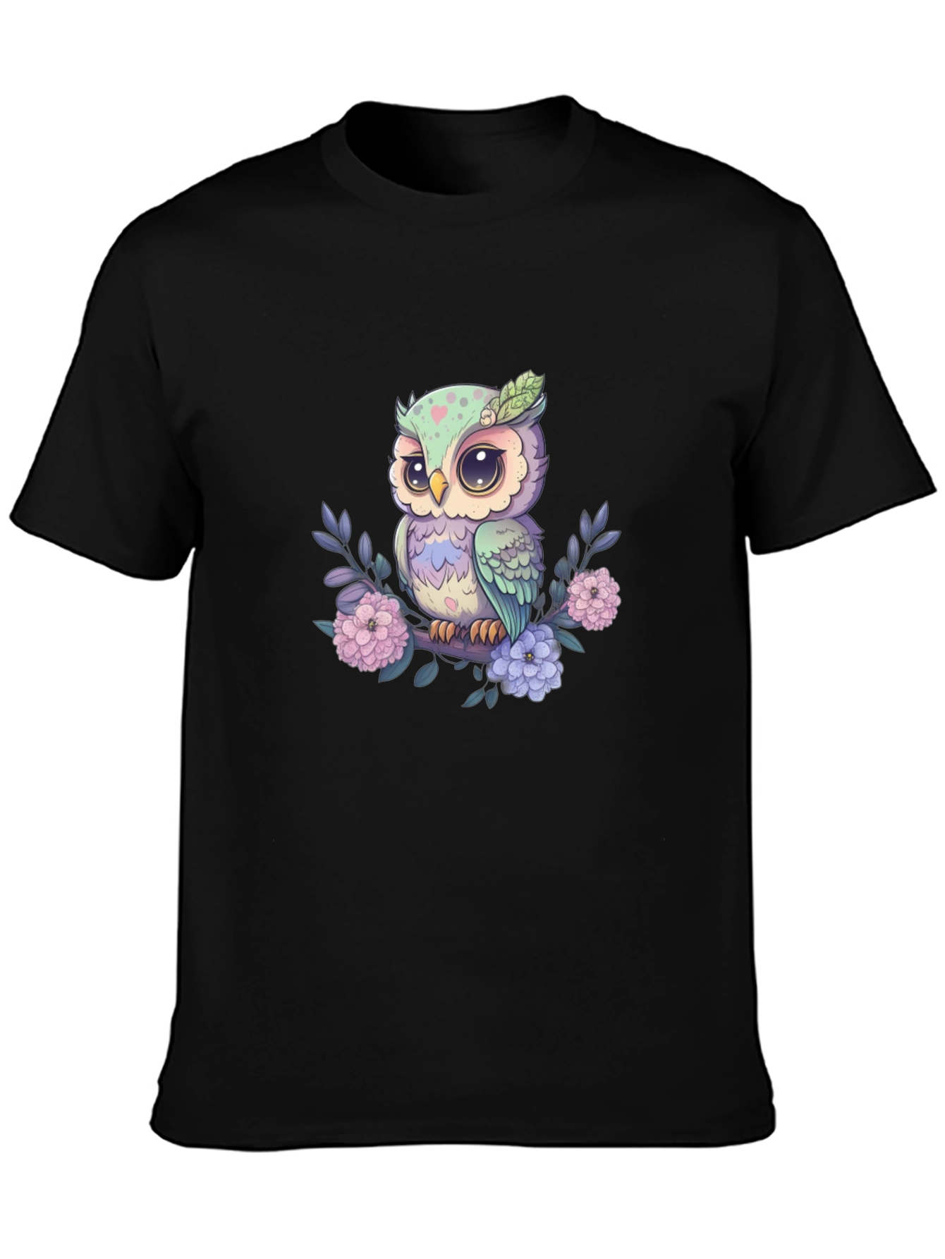 Cute Owl on Branch Graphic Tee - Black