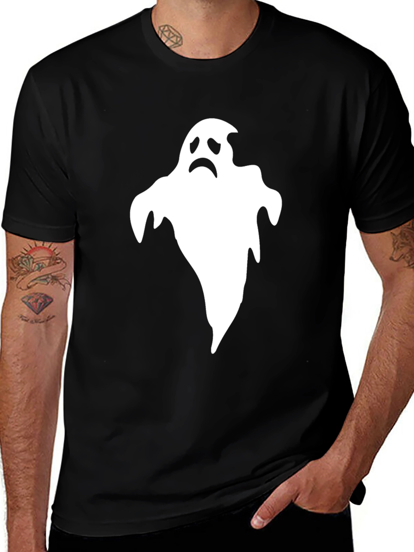 Sad Ghost Graphic T-Shirt - Black Halloween Tee
