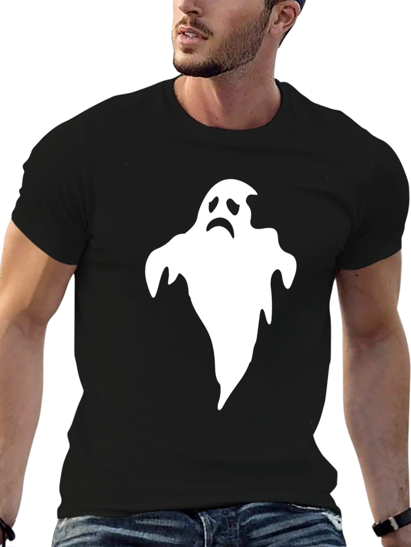 Sad Ghost Graphic T-Shirt - Black Halloween Tee