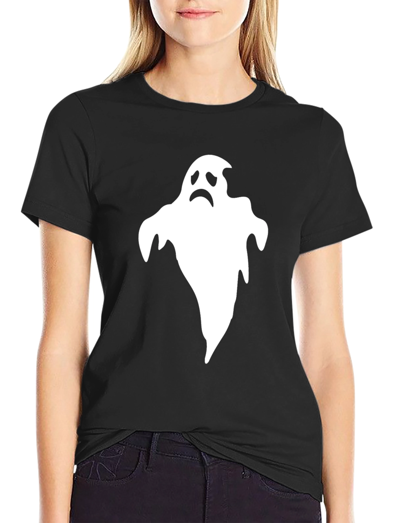 Sad Ghost Graphic T-Shirt - Black Halloween Tee