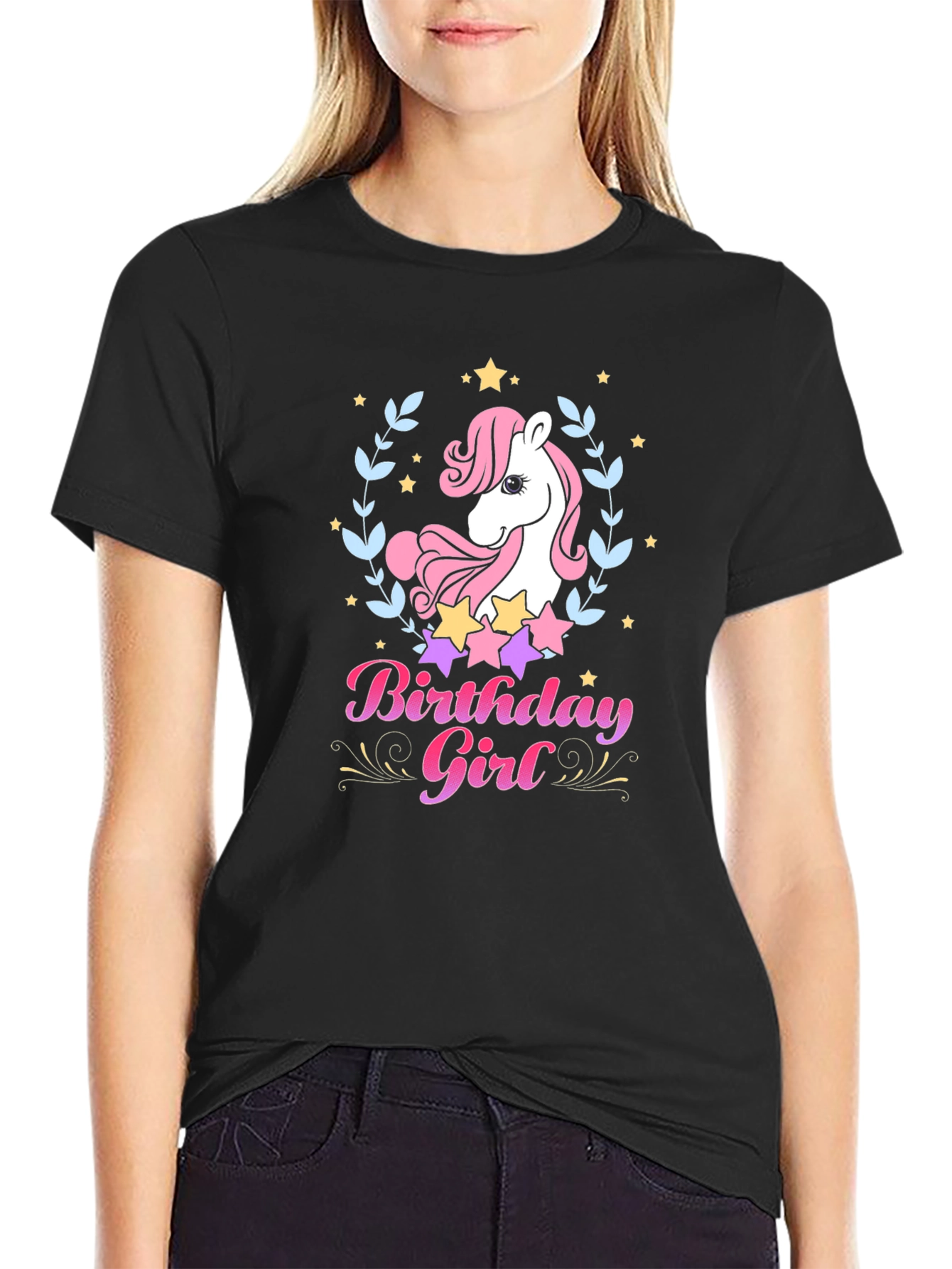 Unicorn Birthday Girl Black T-Shirt