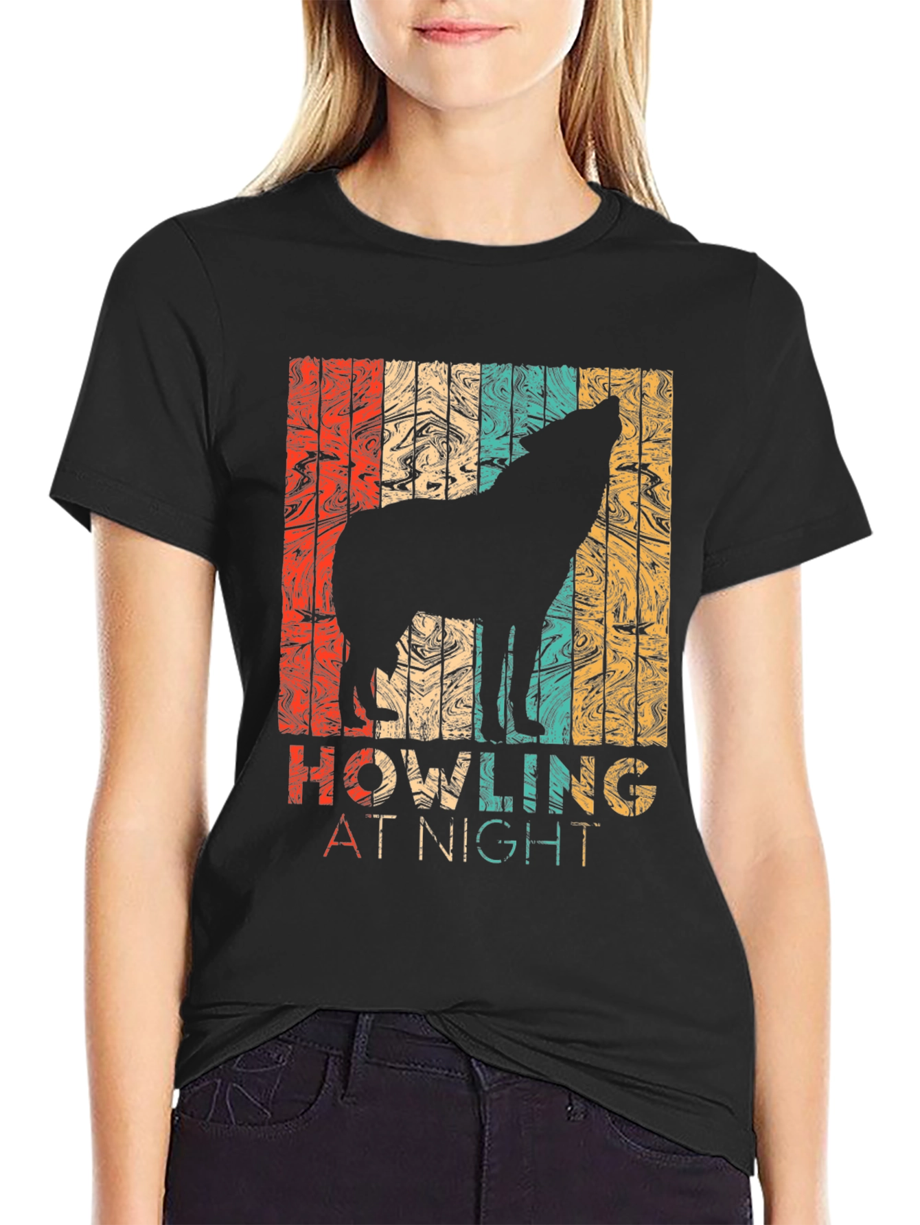 Retro Wolf Howling at Night Graphic T-Shirt