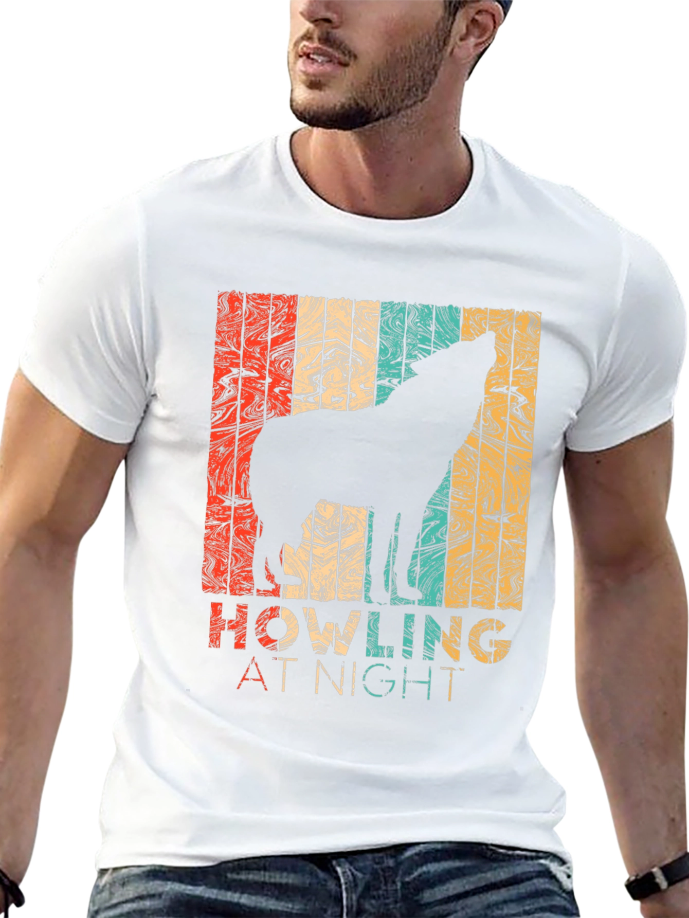 Retro Wolf Howling at Night Graphic T-Shirt