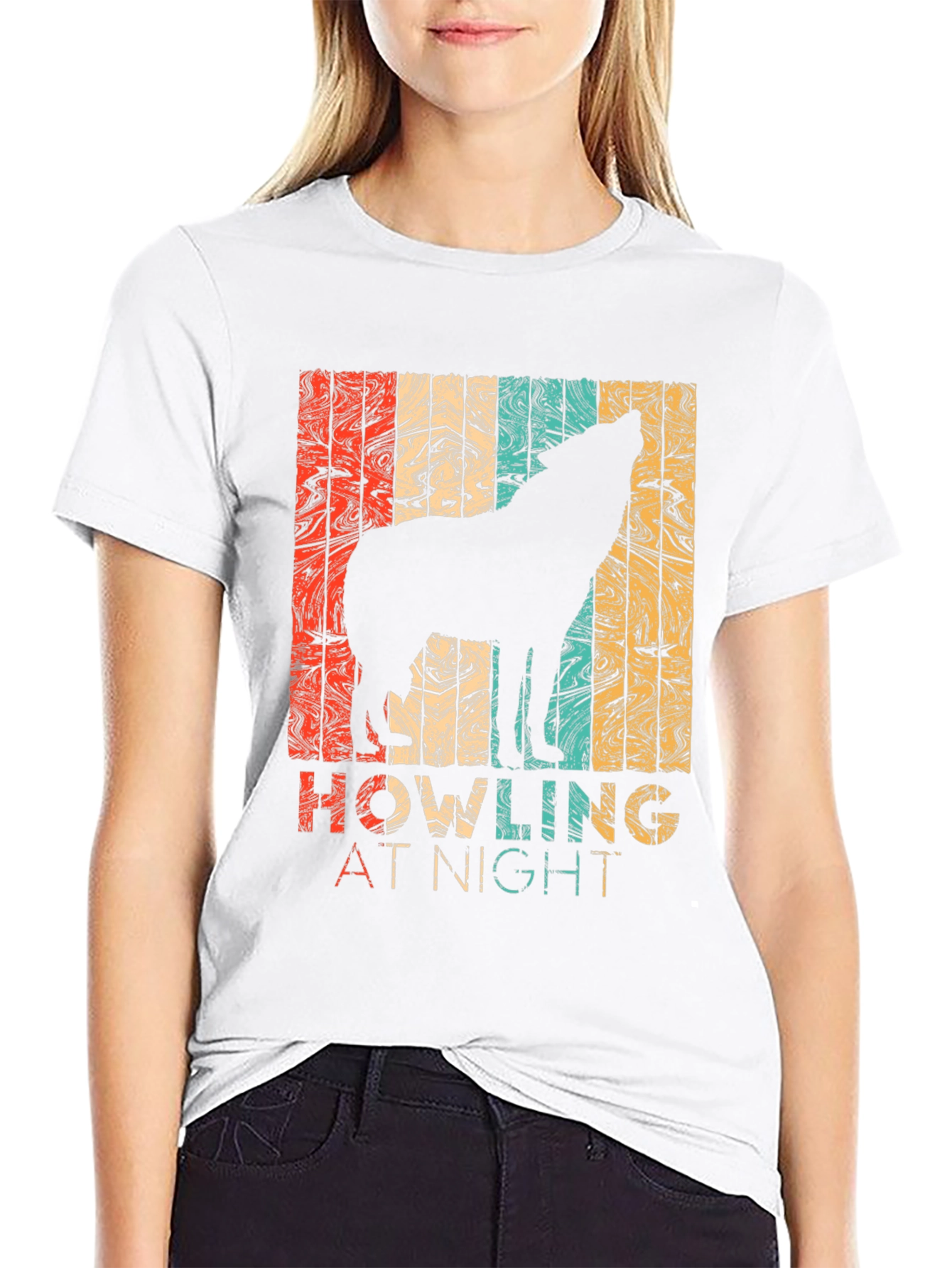 Retro Wolf Howling at Night Graphic T-Shirt