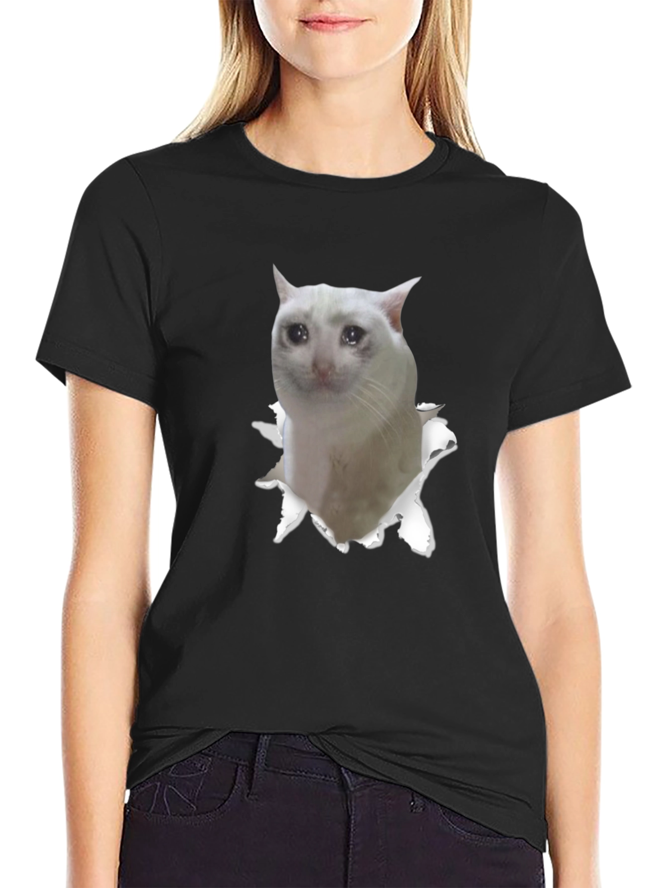 Sad Cat Meme Graphic Tee - Unisex Black T-Shirt