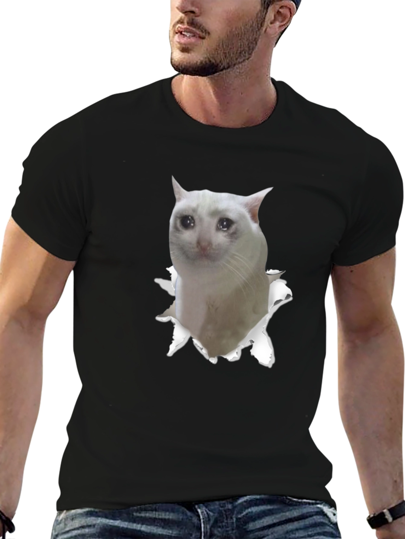 Sad Cat Meme Graphic Tee - Unisex Black T-Shirt