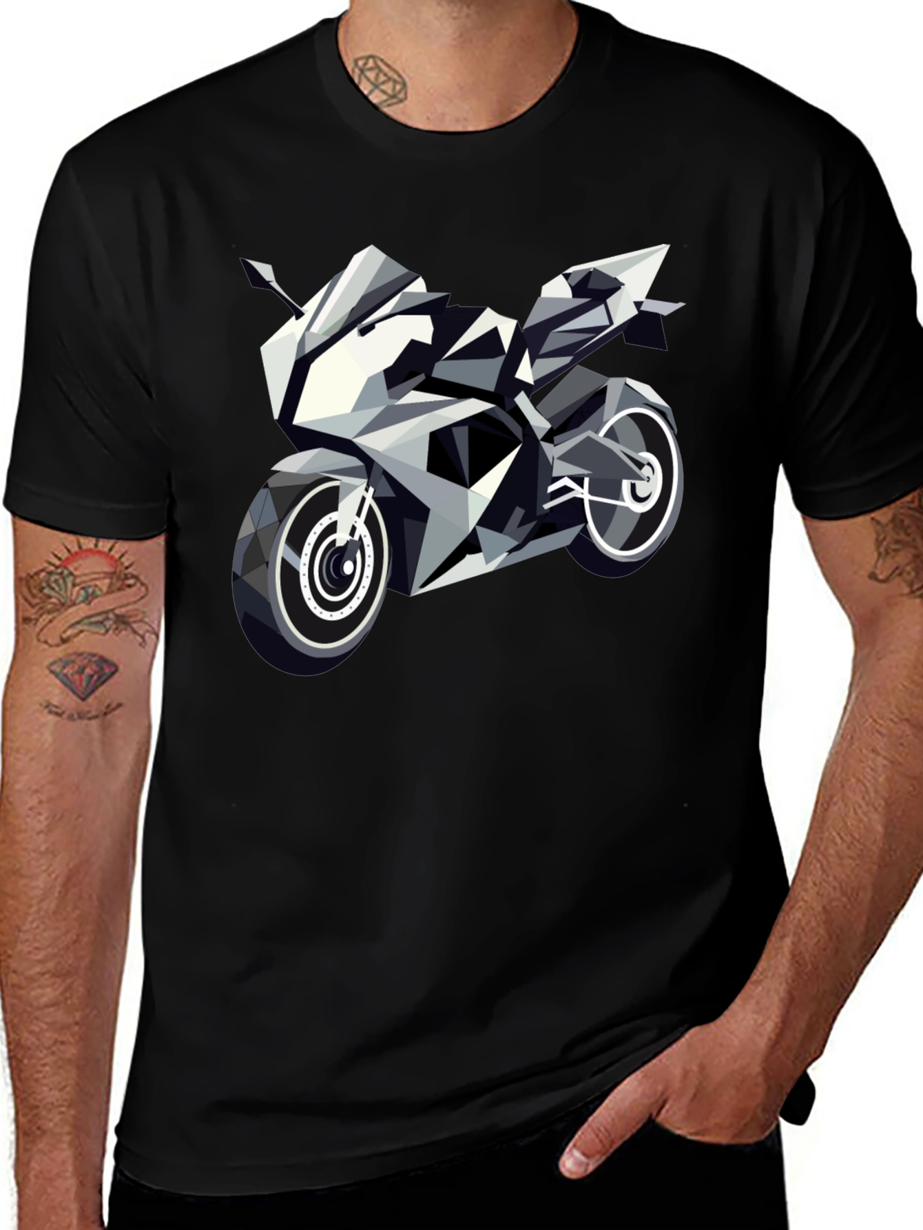 Geometric Motorcycle Graphic Tee - Black