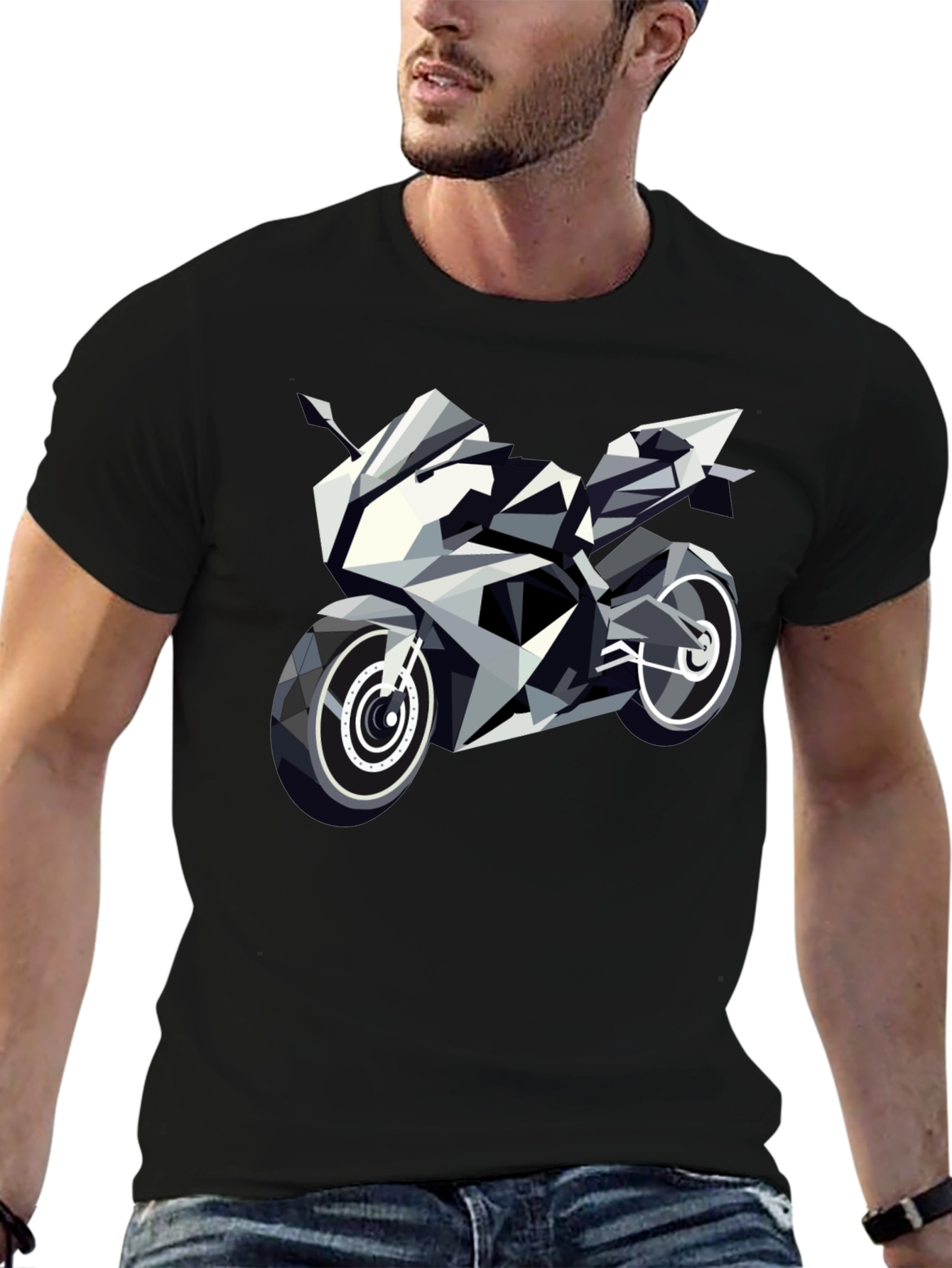Geometric Motorcycle Graphic Tee - Black