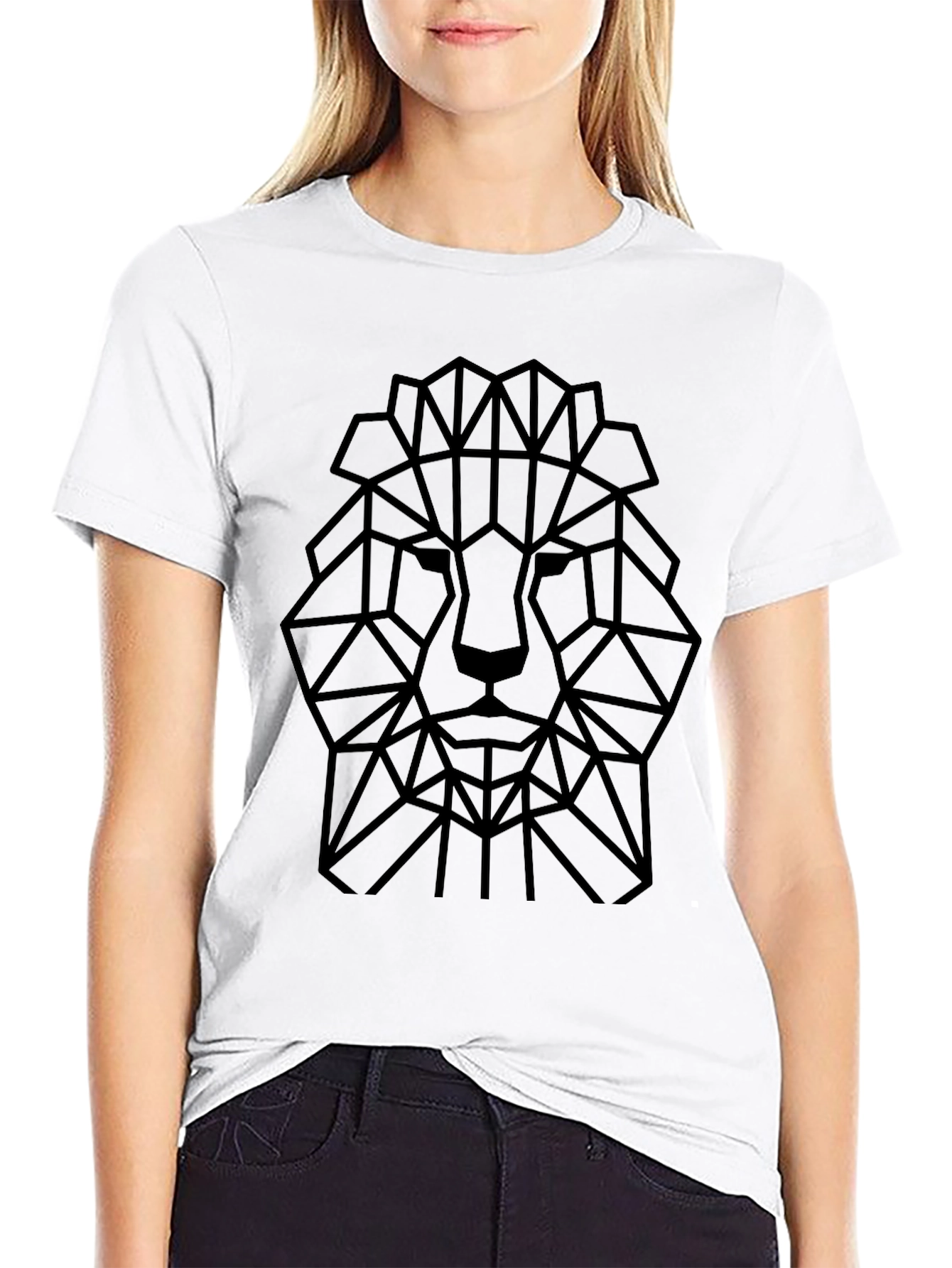 Geometric Lion Head Graphic Tee - Black