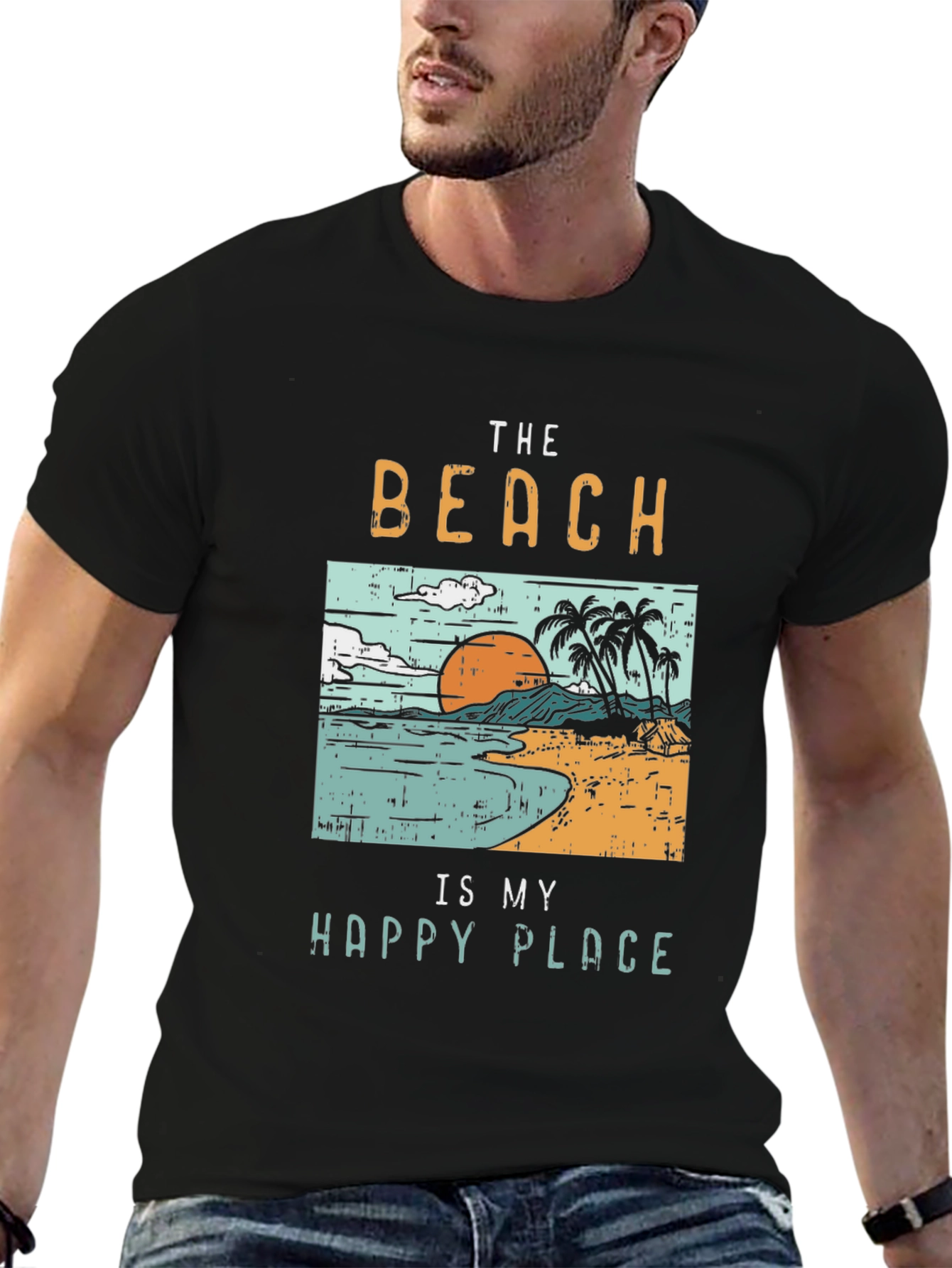 The Beach Is My Happy Place Black Graphic T-Shirt