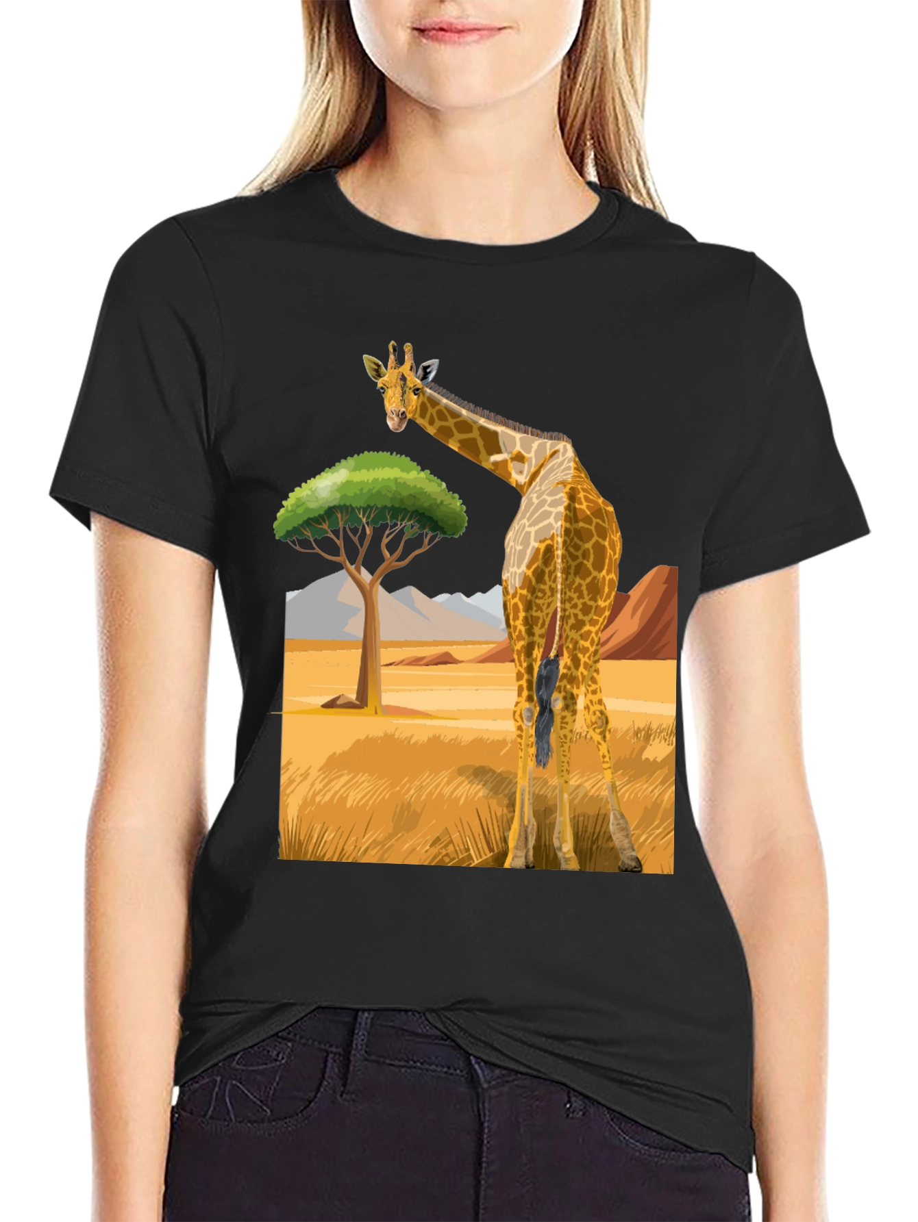 Giraffe Graphic Tee - Black Cotton Blend