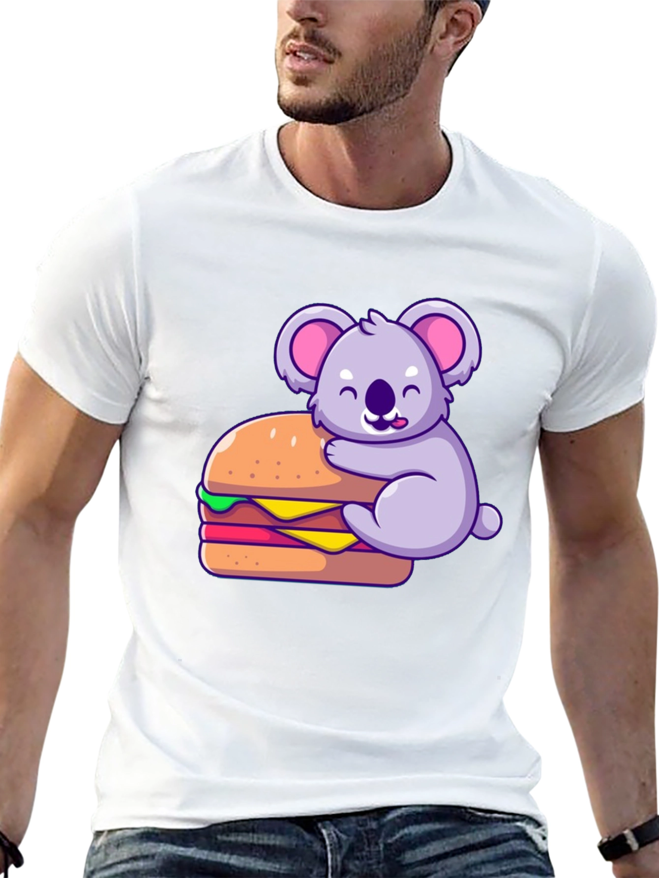 Koala Hugging Burger Graphic T-Shirt - Black