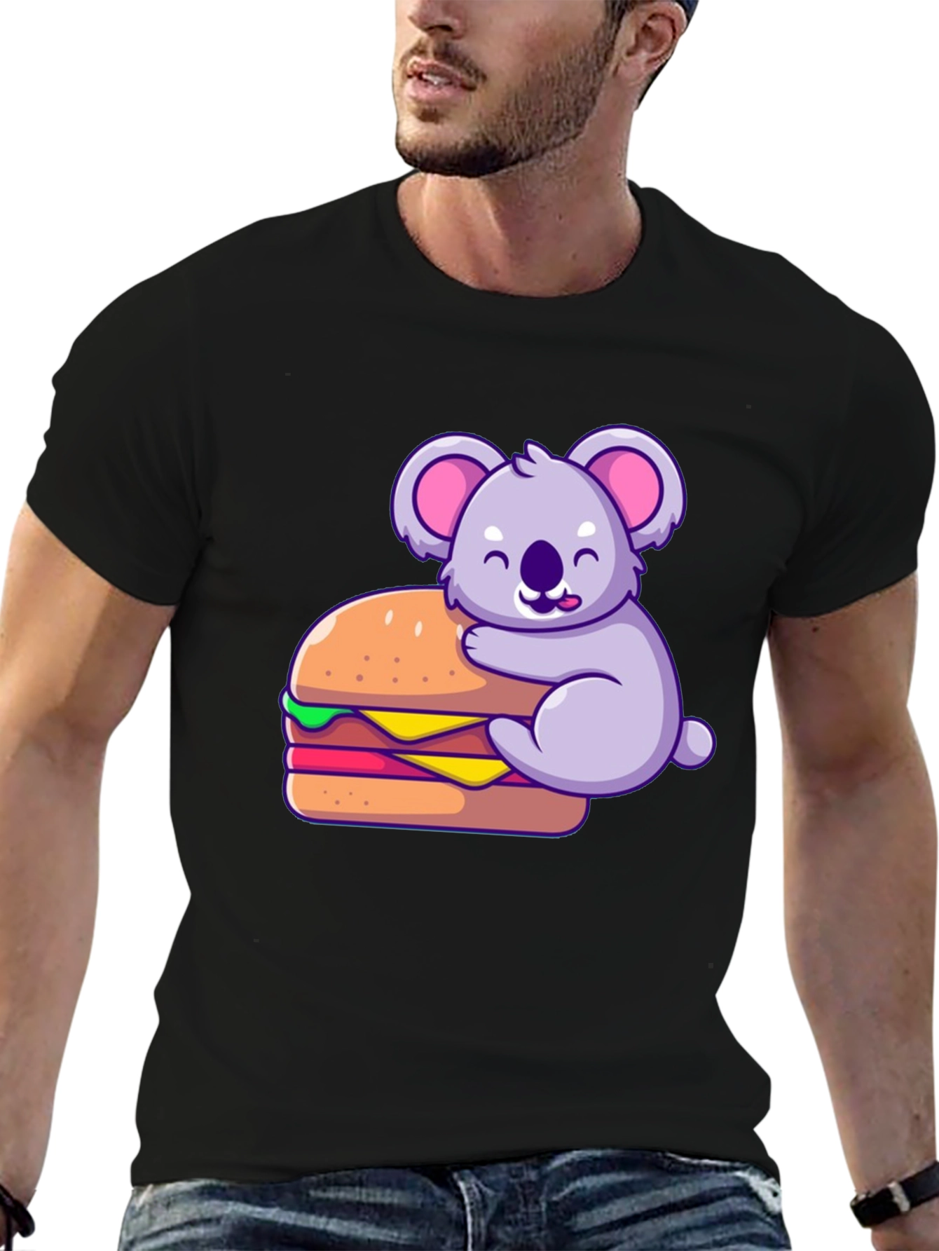 Koala Hugging Burger Graphic T-Shirt - Black