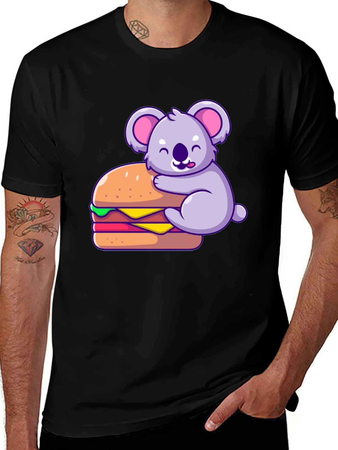 Koala Hugging Burger Graphic T-Shirt - Black