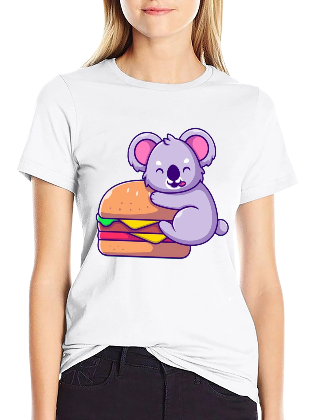 Koala Hugging Burger Graphic T-Shirt - Black
