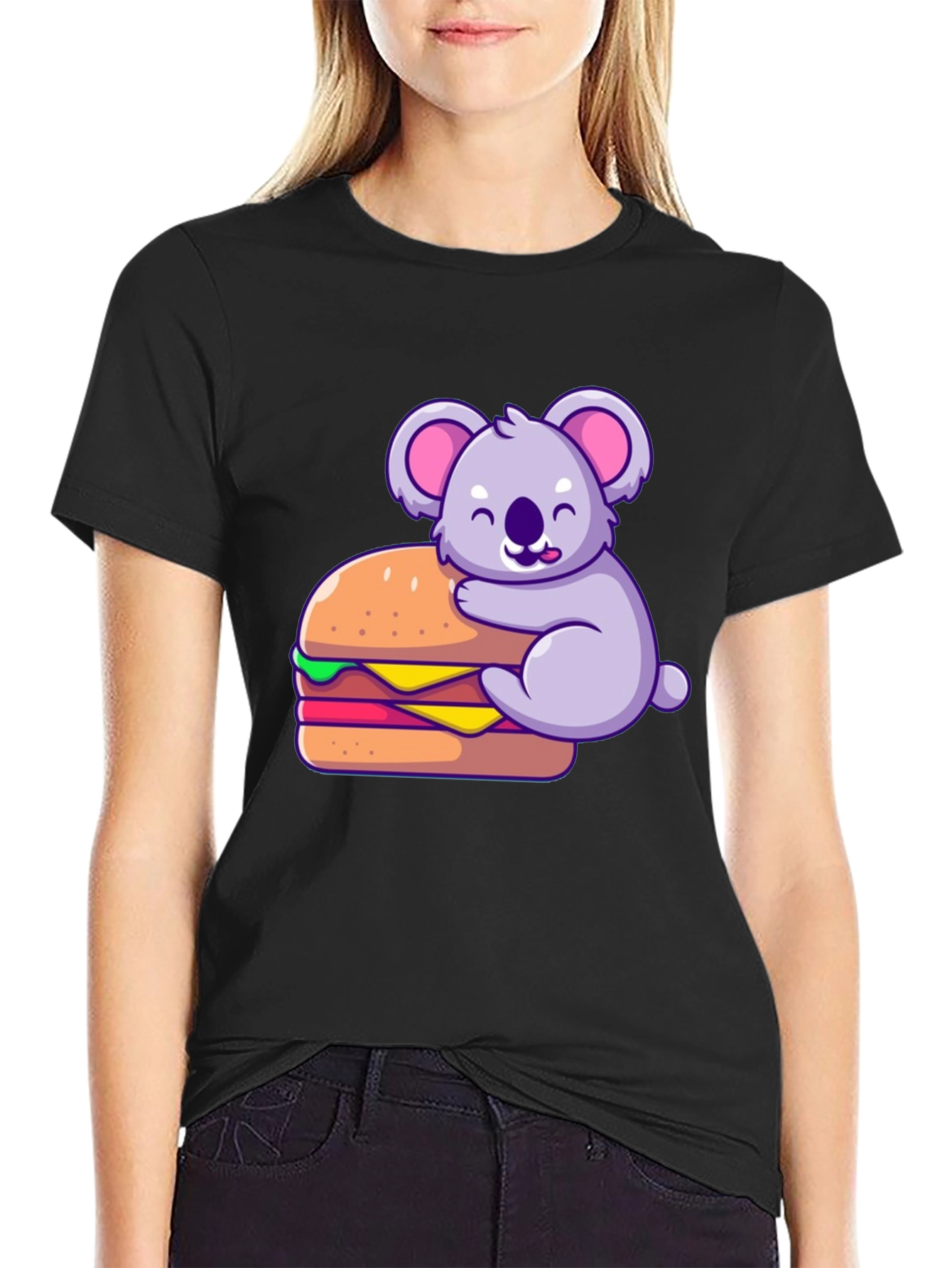Koala Hugging Burger Graphic T-Shirt - Black
