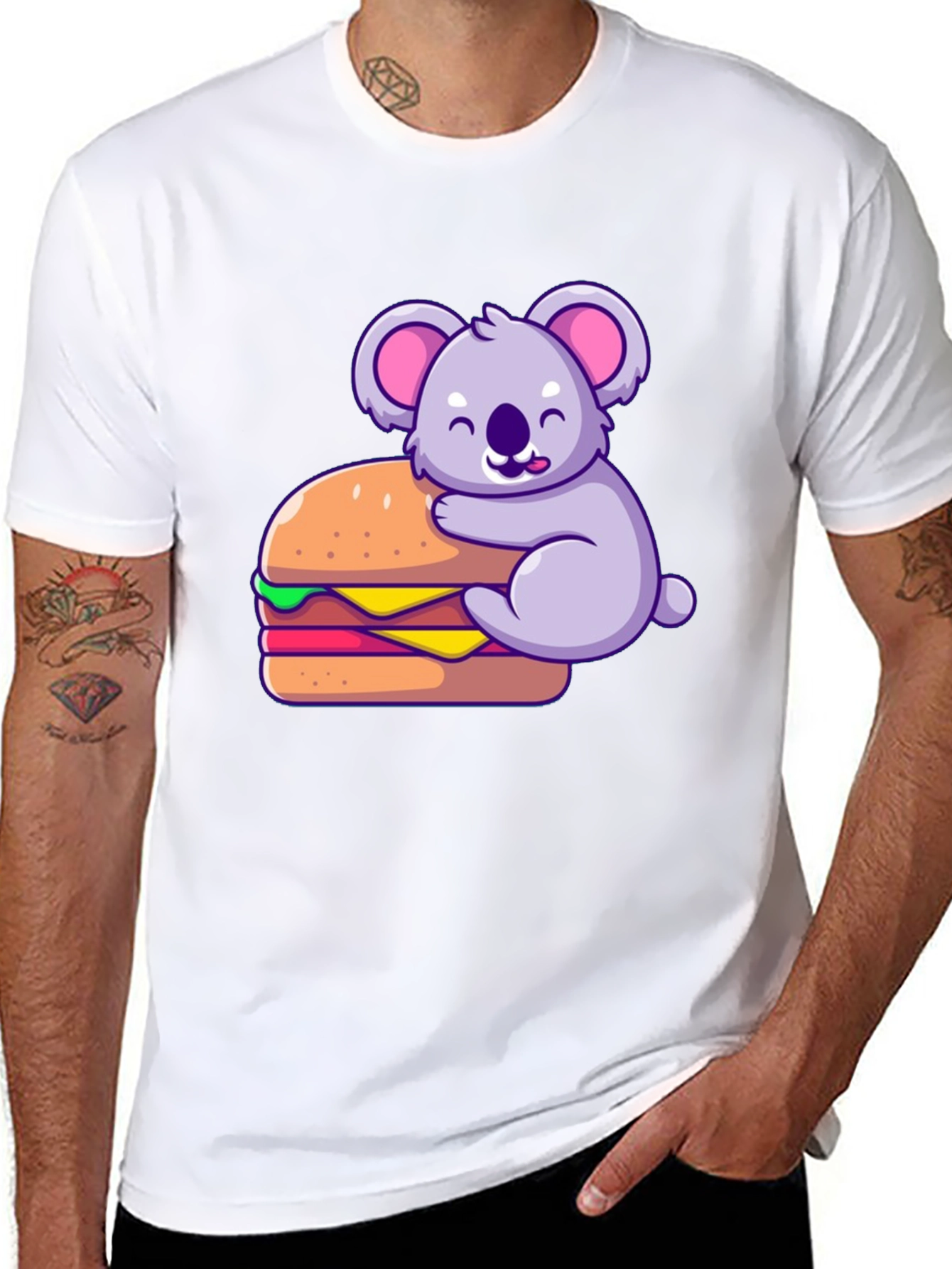 Koala Hugging Burger Graphic T-Shirt - Black