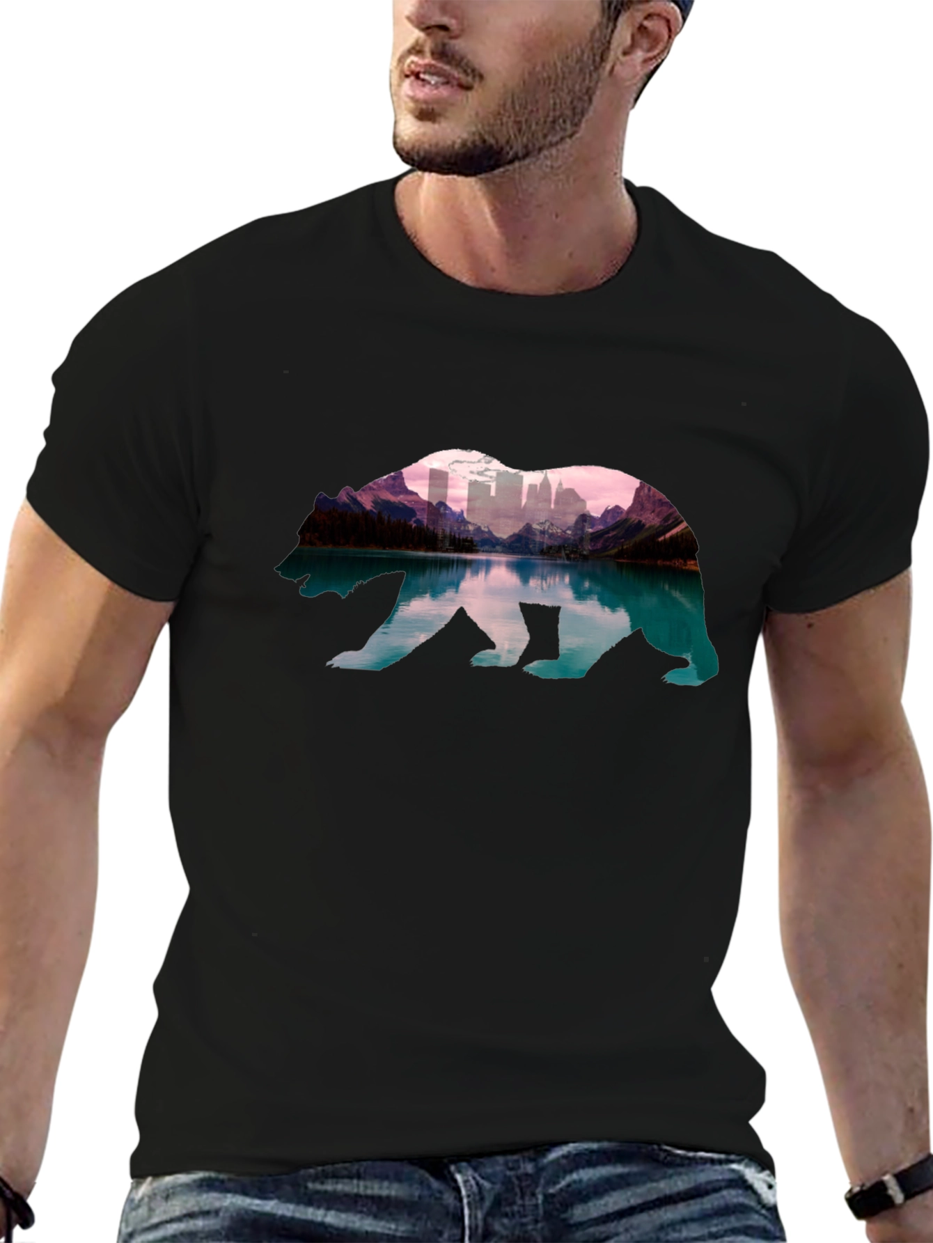 Bear Silhouette Mountain Cityscape T-Shirt