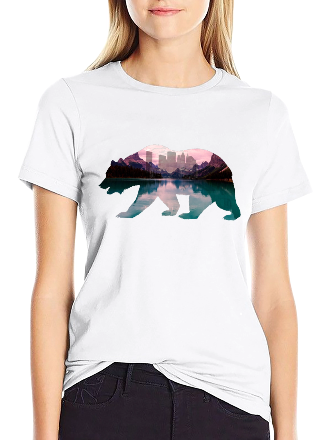 Bear Silhouette Mountain Cityscape T-Shirt