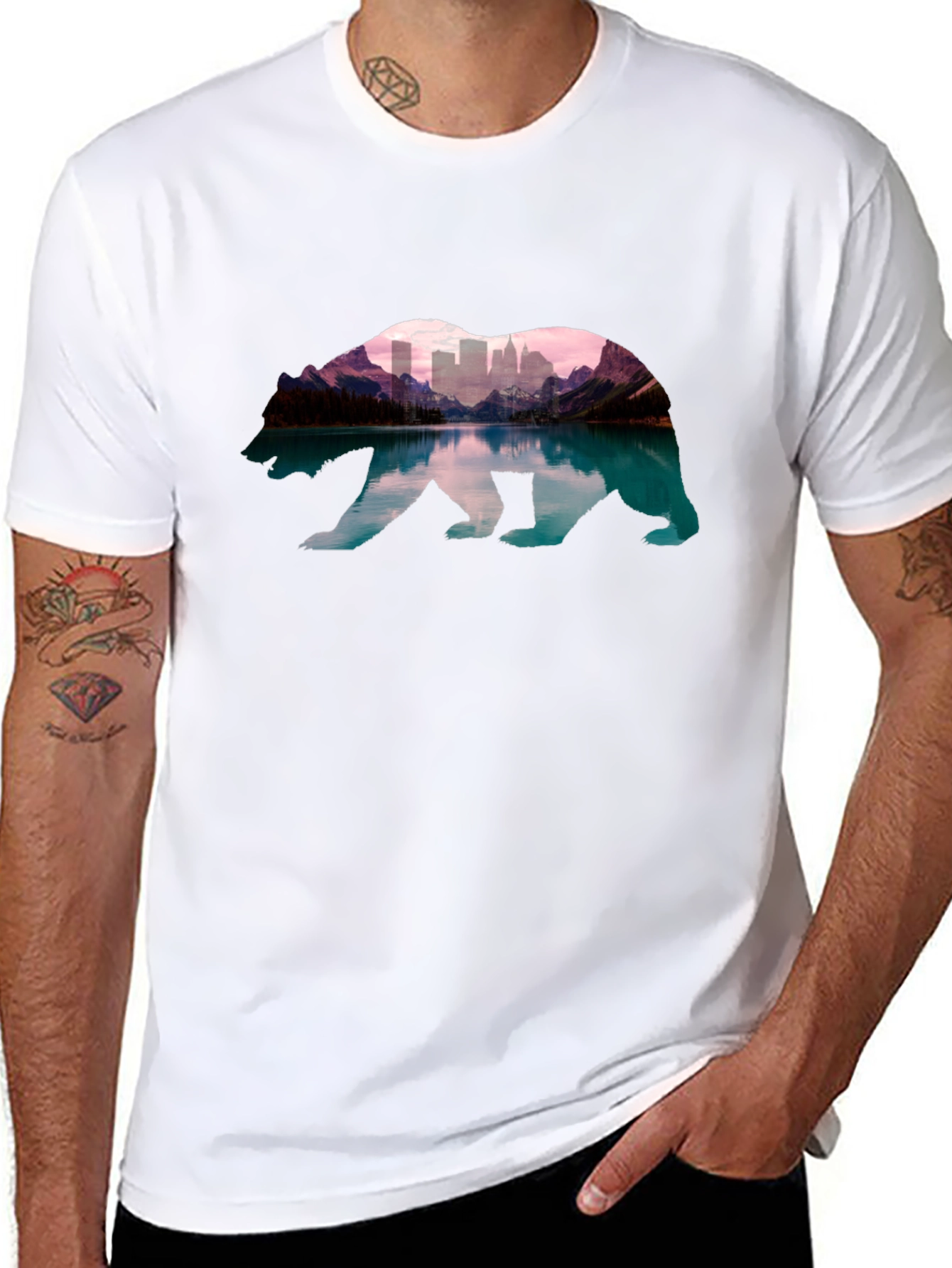 Bear Silhouette Mountain Cityscape T-Shirt