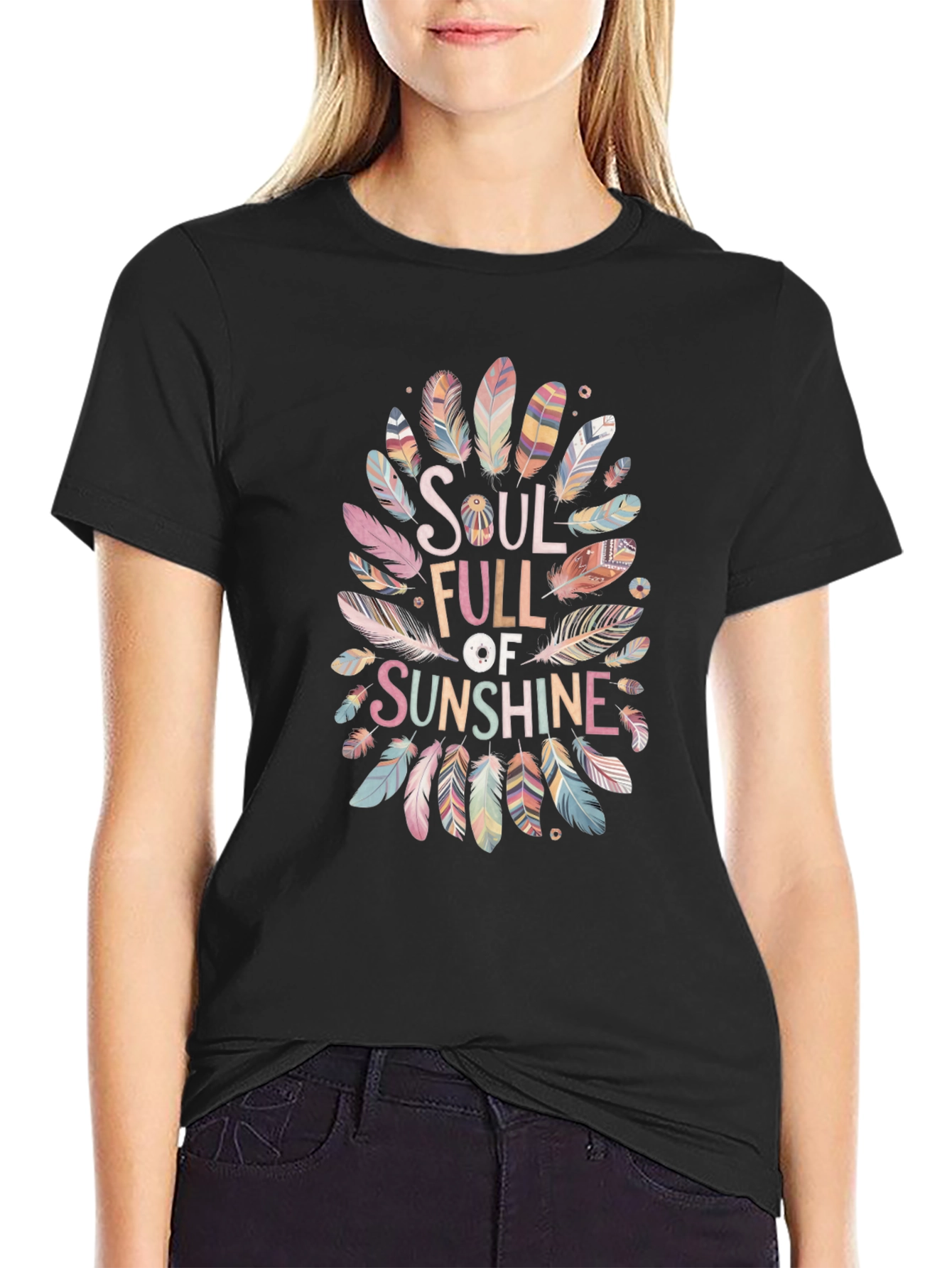Soul Full of Sunshine Feather Graphic Black T-Shirt