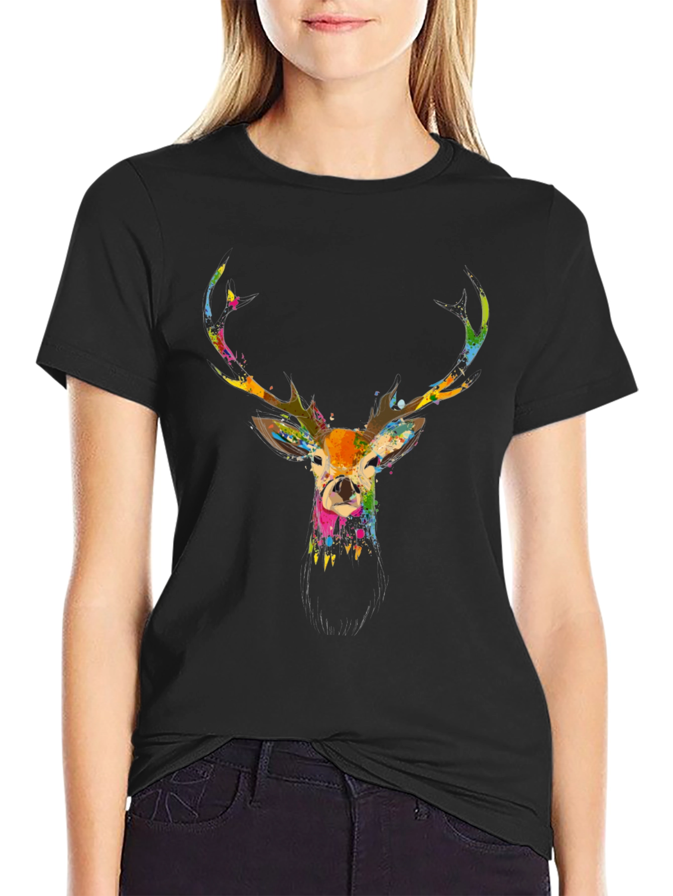 Stylish Mens Black Deer Print T-Shirt