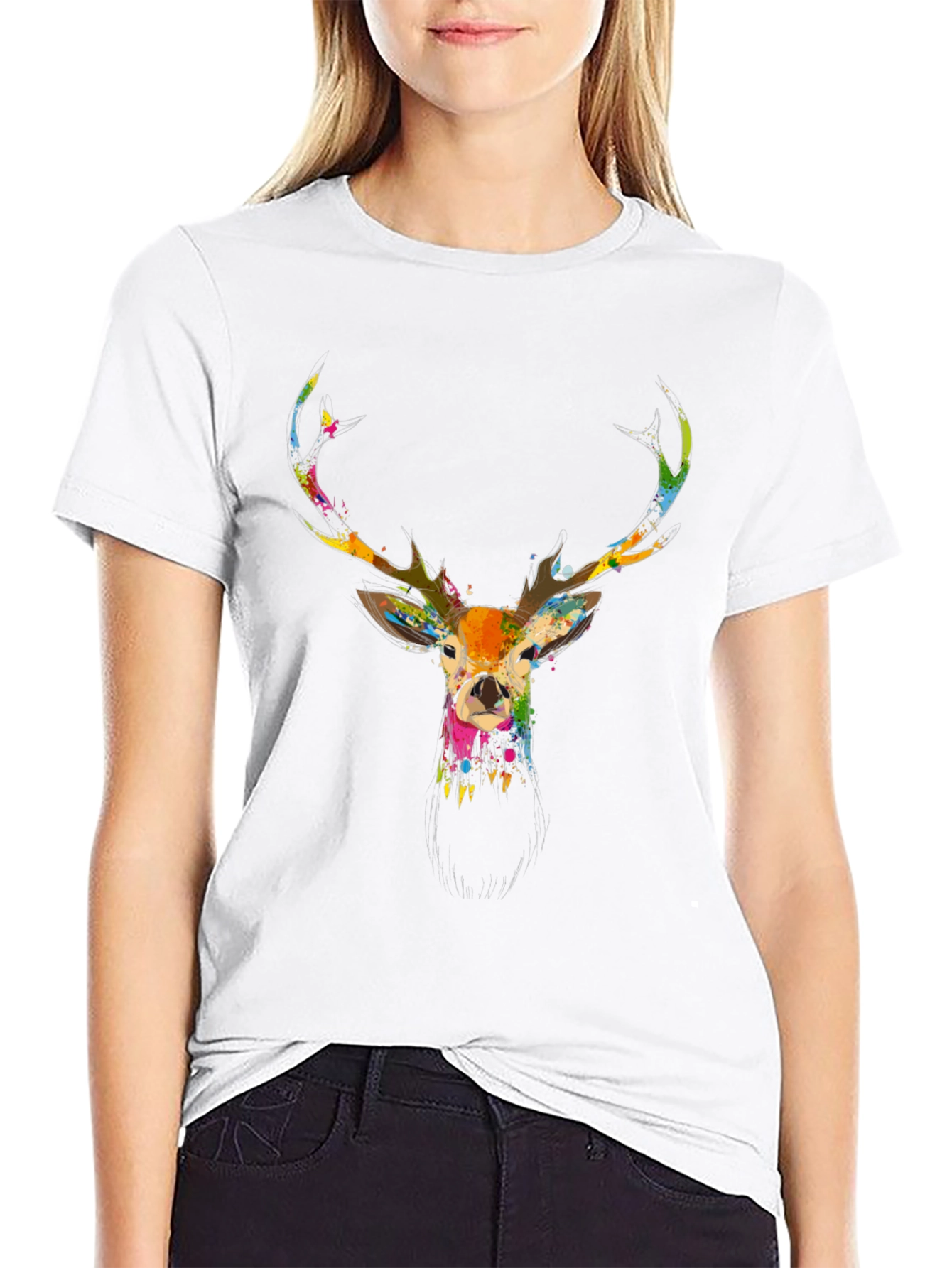 Stylish Mens Black Deer Print T-Shirt