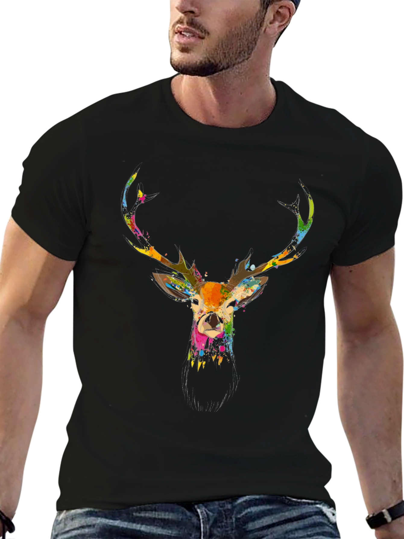 Stylish Mens Black Deer Print T-Shirt